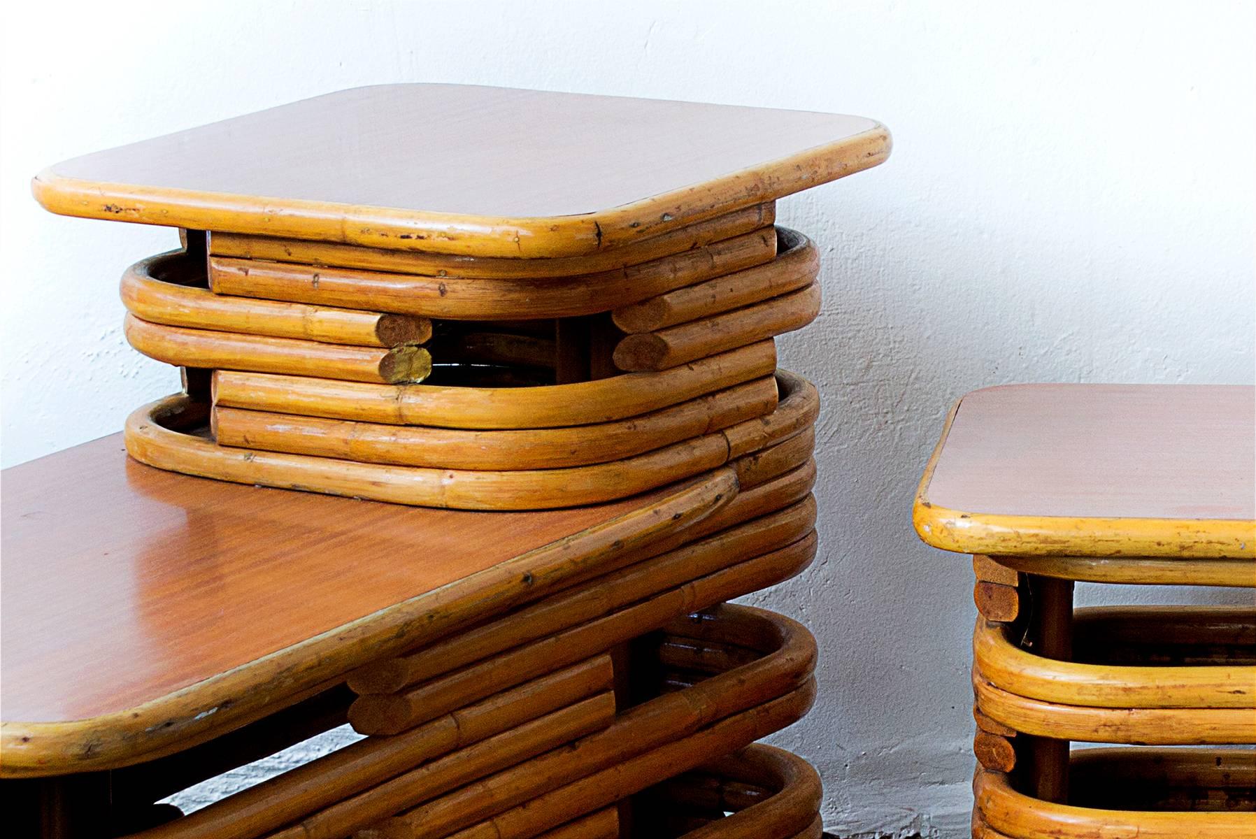 American Pair of Paul Frankl Style Stacked Rattan Side Tables