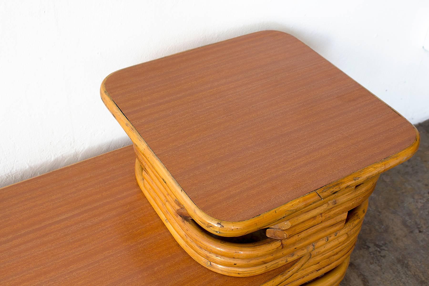 Mid-20th Century Pair of Paul Frankl Style Stacked Rattan Side Tables