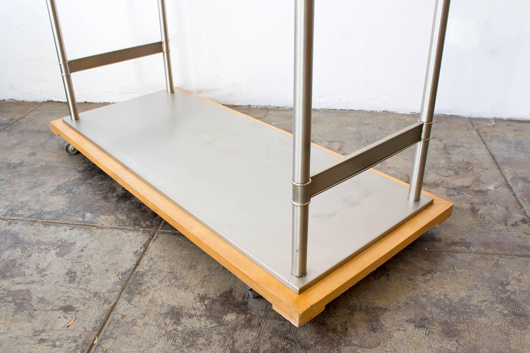 Minimalist Nickel-Plated and Glass Clothes Rack on Wood Base
