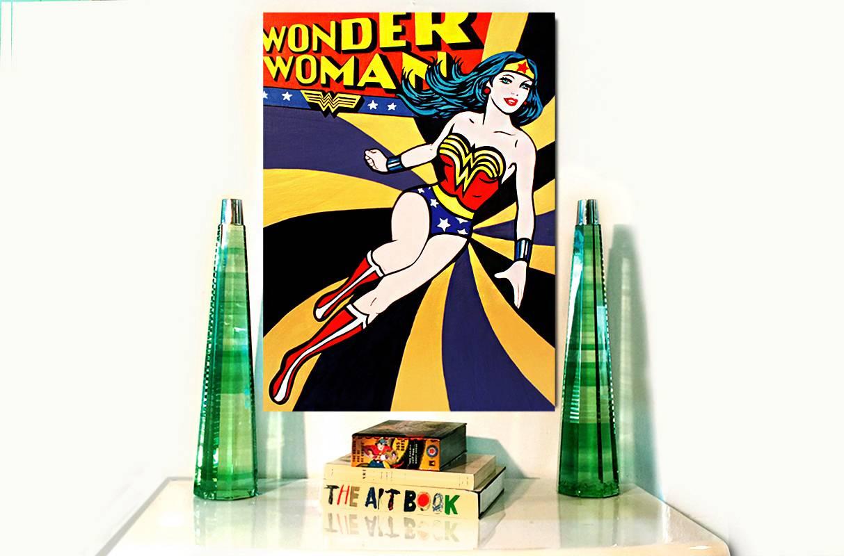 Original oil painting by artist Hatti Hoodsveld depicts the wonderful Wonder Woman in all her glory. One-of-a-kind. Signed on verso, 2016.

Dimensions: 32" H x 24" W x 2" D.
            