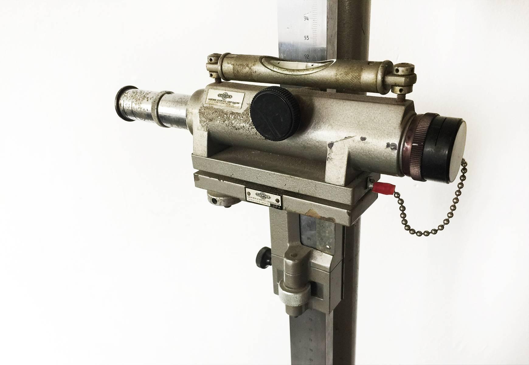 Vintage Gaertner scientific cathetometer once used in the UCLA science labs. This unique instrument, a vertical/ planning traveling telescope, allows for the measuring of vertical distances in cases where a scale cannot be placed very close to the