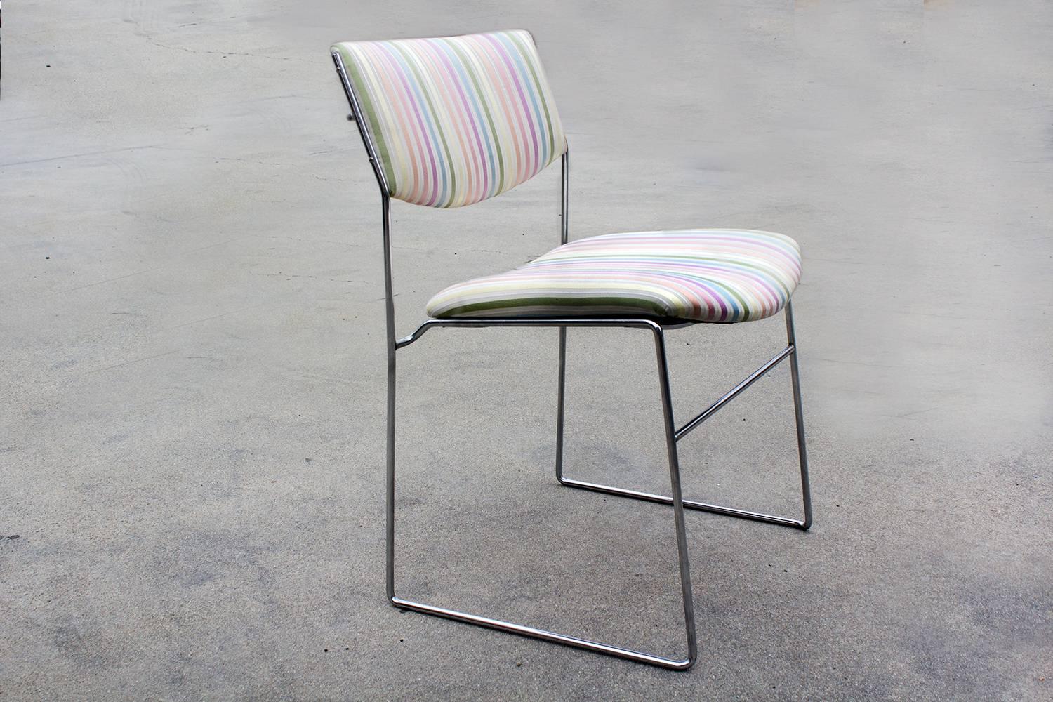 1970s Minimalist Italian side chair with original chrome frame. Newly reupholstered seat in rainbow silk. 

Dimensions: 17.5