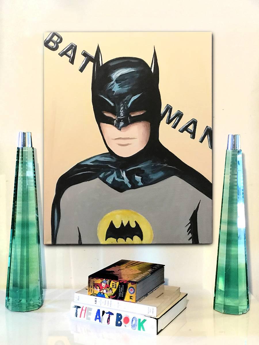 Warhol-esque Pop Art painting by Hatti Hoodsveld. Inspired by Adam West's 1966 depiction of Batman, Hoodsveld combines bold colors and her signature iconographic style. Signed and dated.

Measure: 20