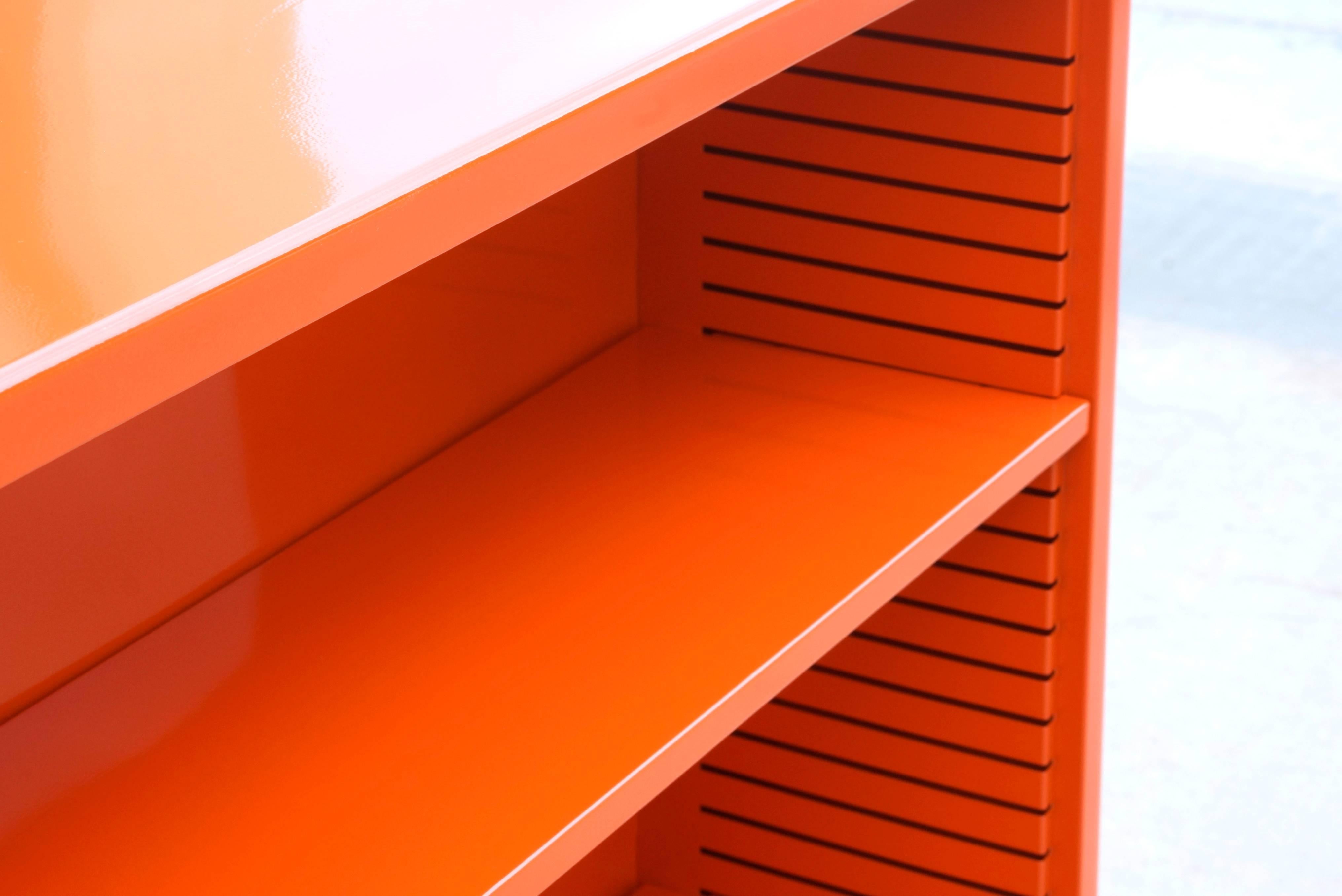 orange metal bookcase