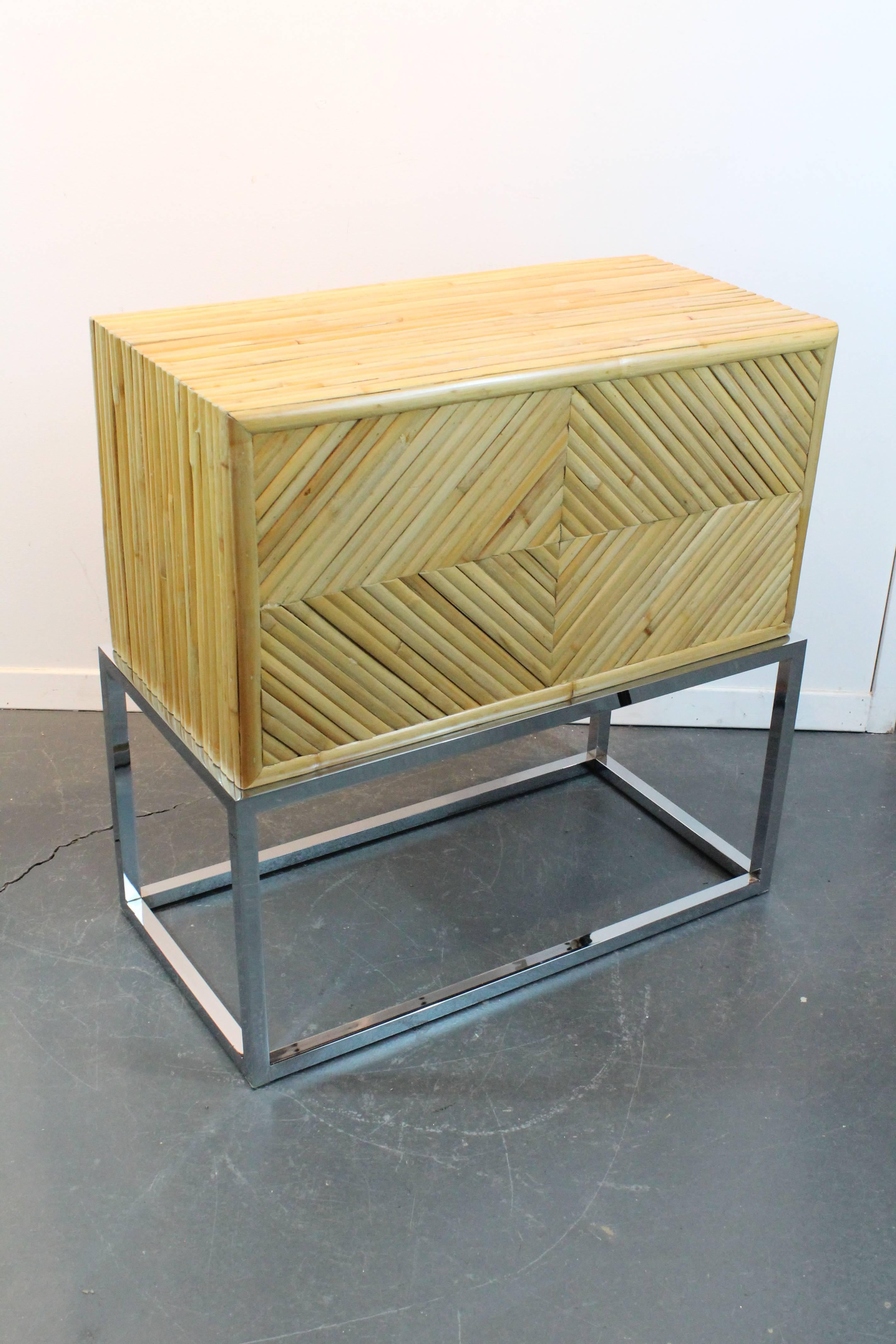 Mid-Century Modern Milo Baughman Split Bamboo and Chrome Two Drawered Cabinet For Sale