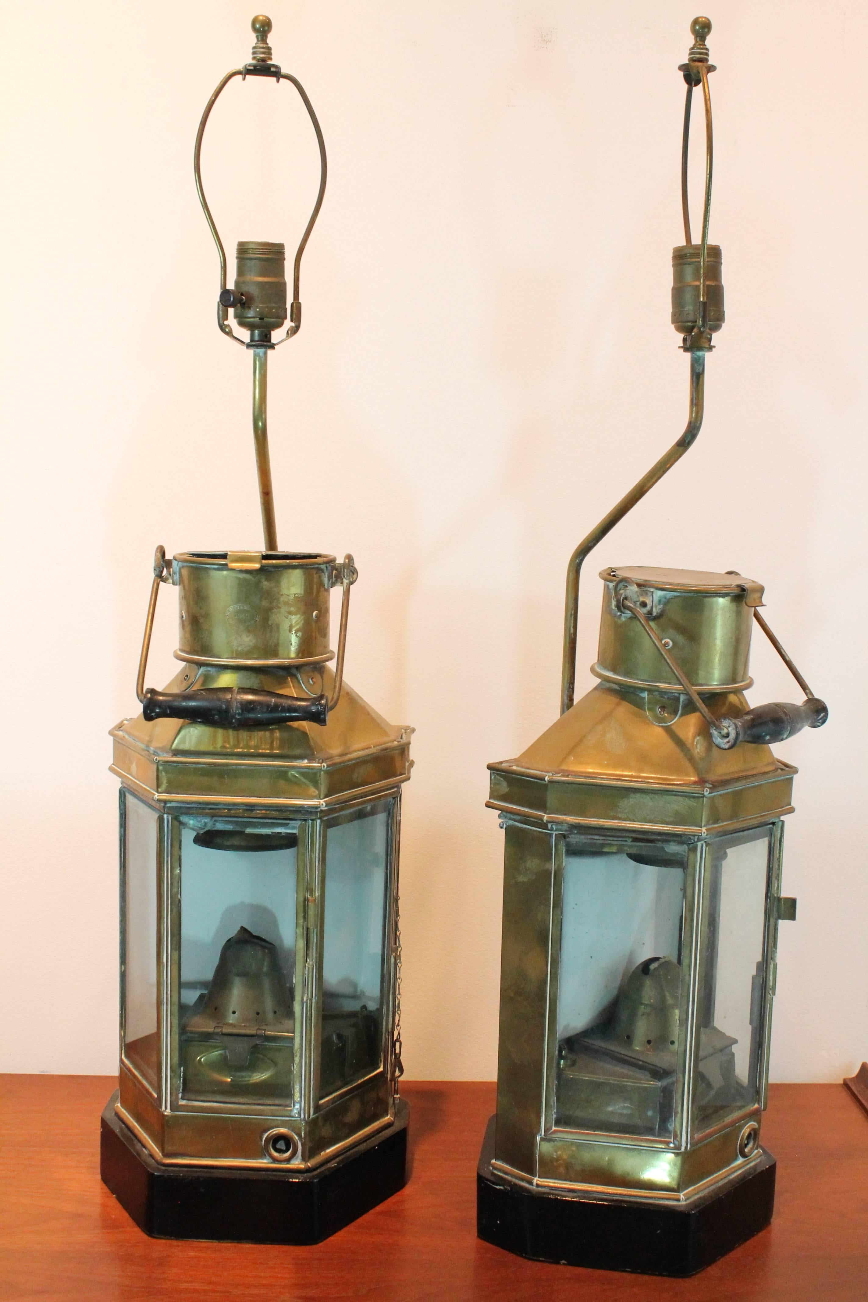 Mid-20th Century Pair of Brass Ship Lantern Lamps For Sale