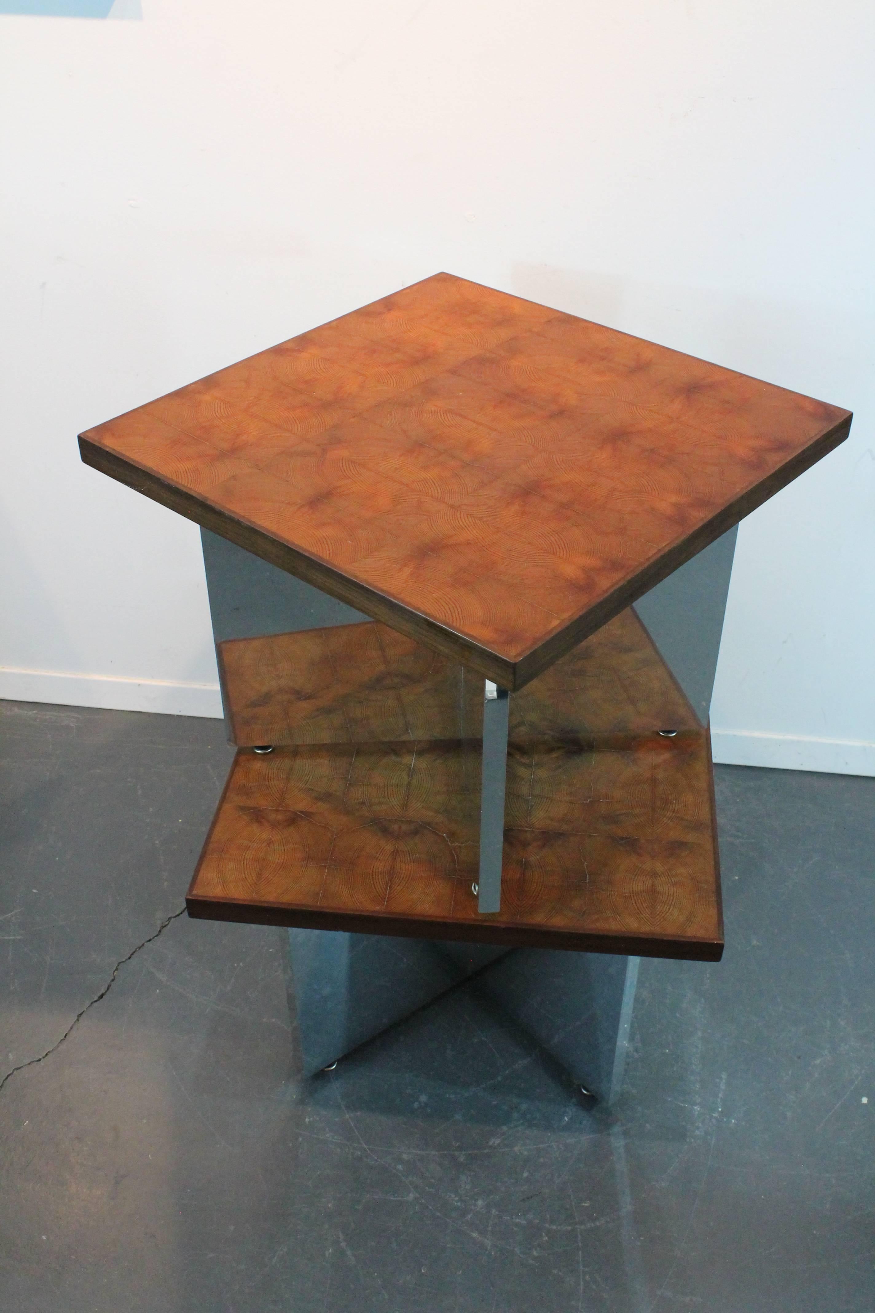 Mid-Century Modern Pair of Highly Polished Chrome and Bookended Mosaic Top Side Tables For Sale