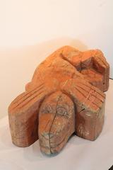 1920s Folk Art Carved Life Sized Resting Dog Sculpture