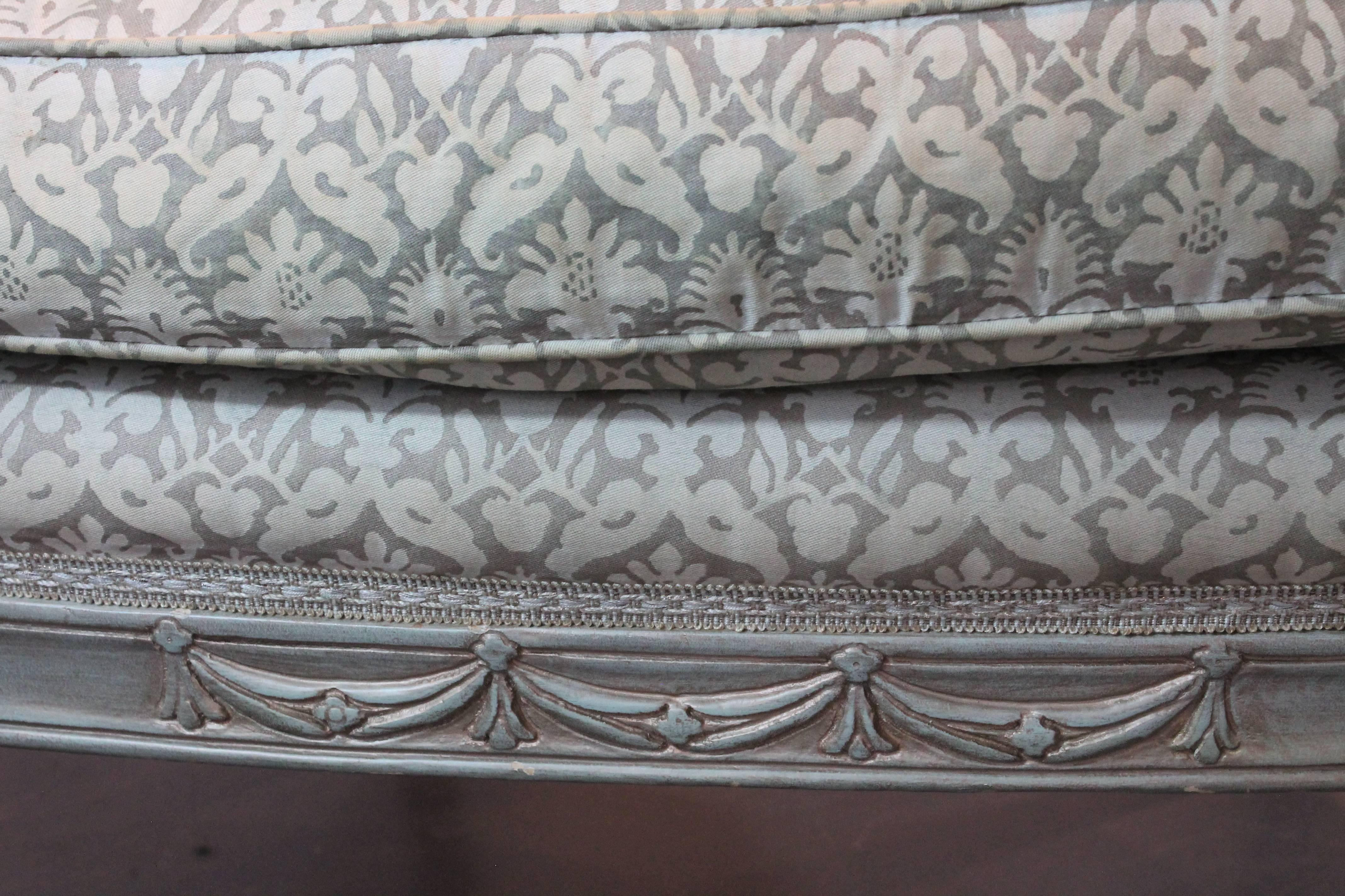 Pair of Carved and Painted Bergeres Upholstered in Fortuny Fabric 2