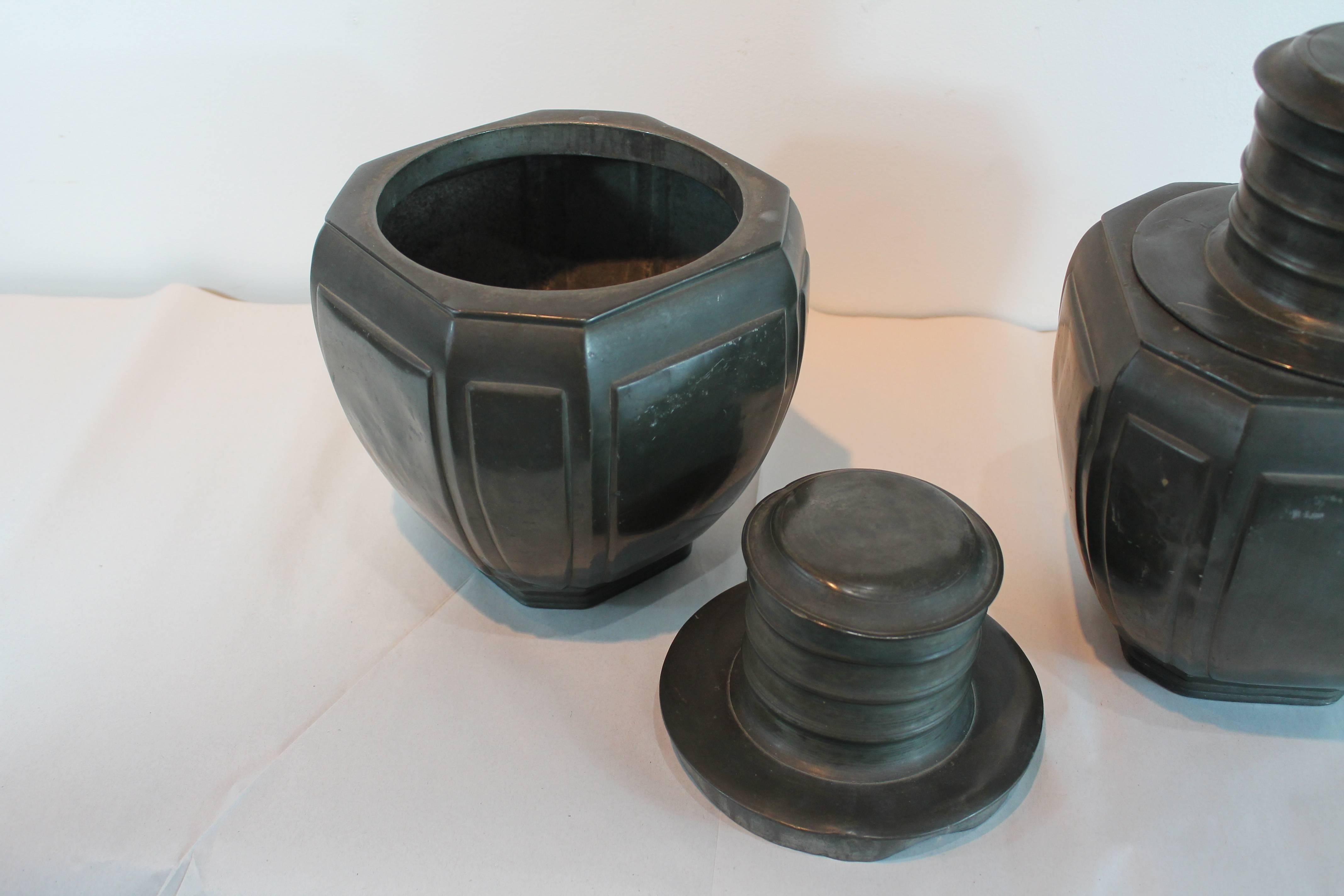 Pair of Large 19th Century Pewter Chinese Tea Cannisters For Sale 1