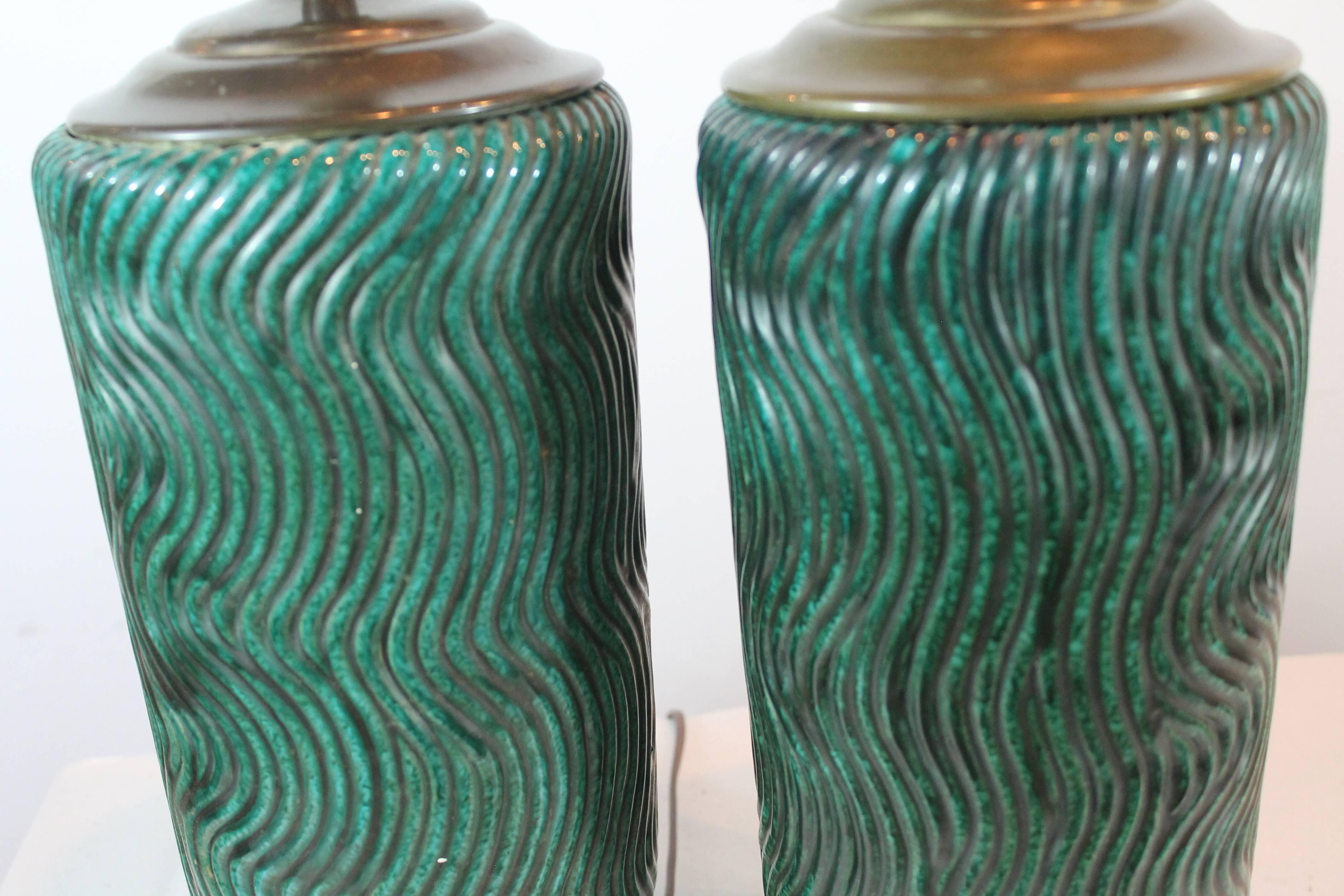 20th Century Pair of 1940s Ceramic Wave Design Lamps