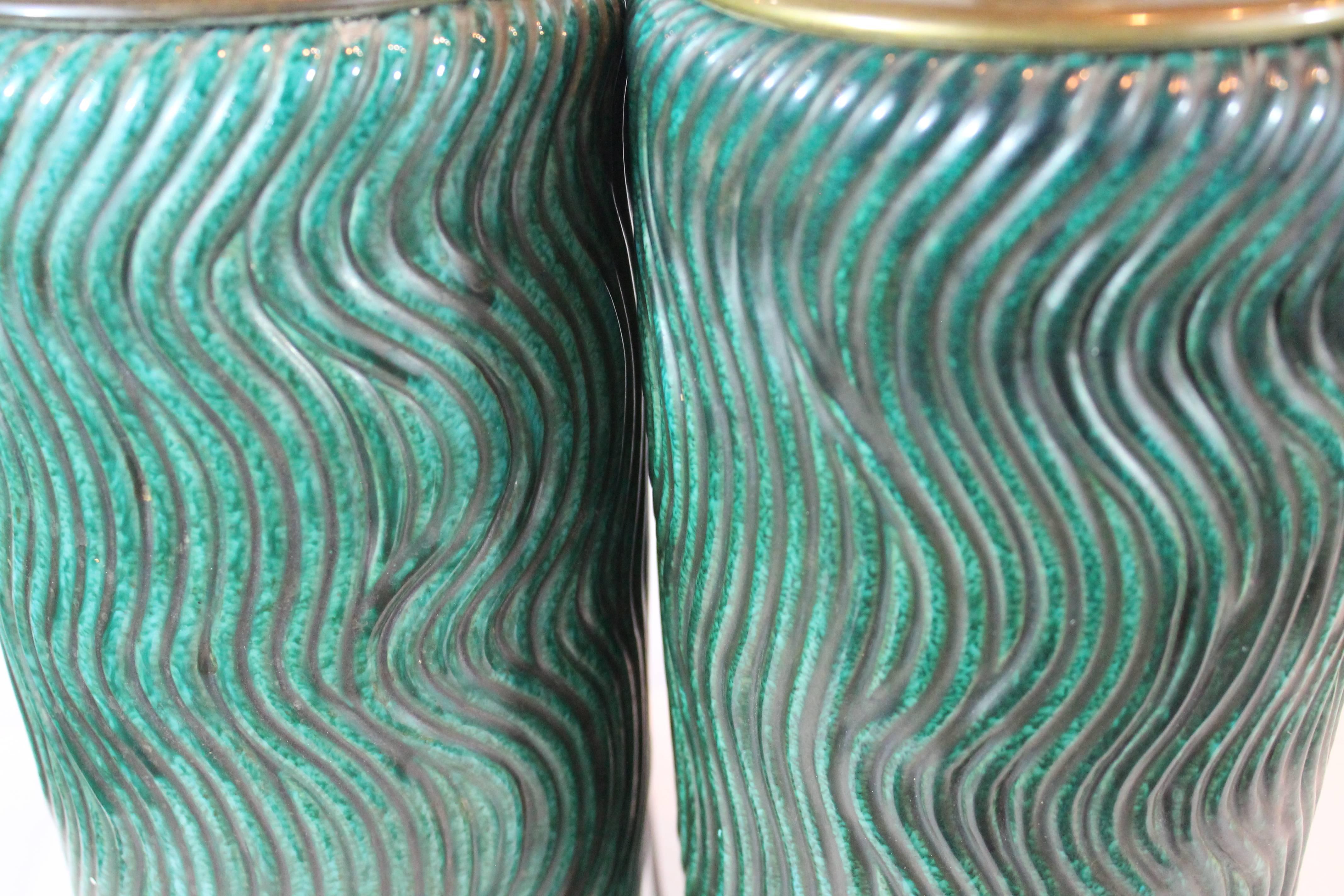 Pair of 1940s Ceramic Wave Design Lamps In Fair Condition In 3 Oaks, MI