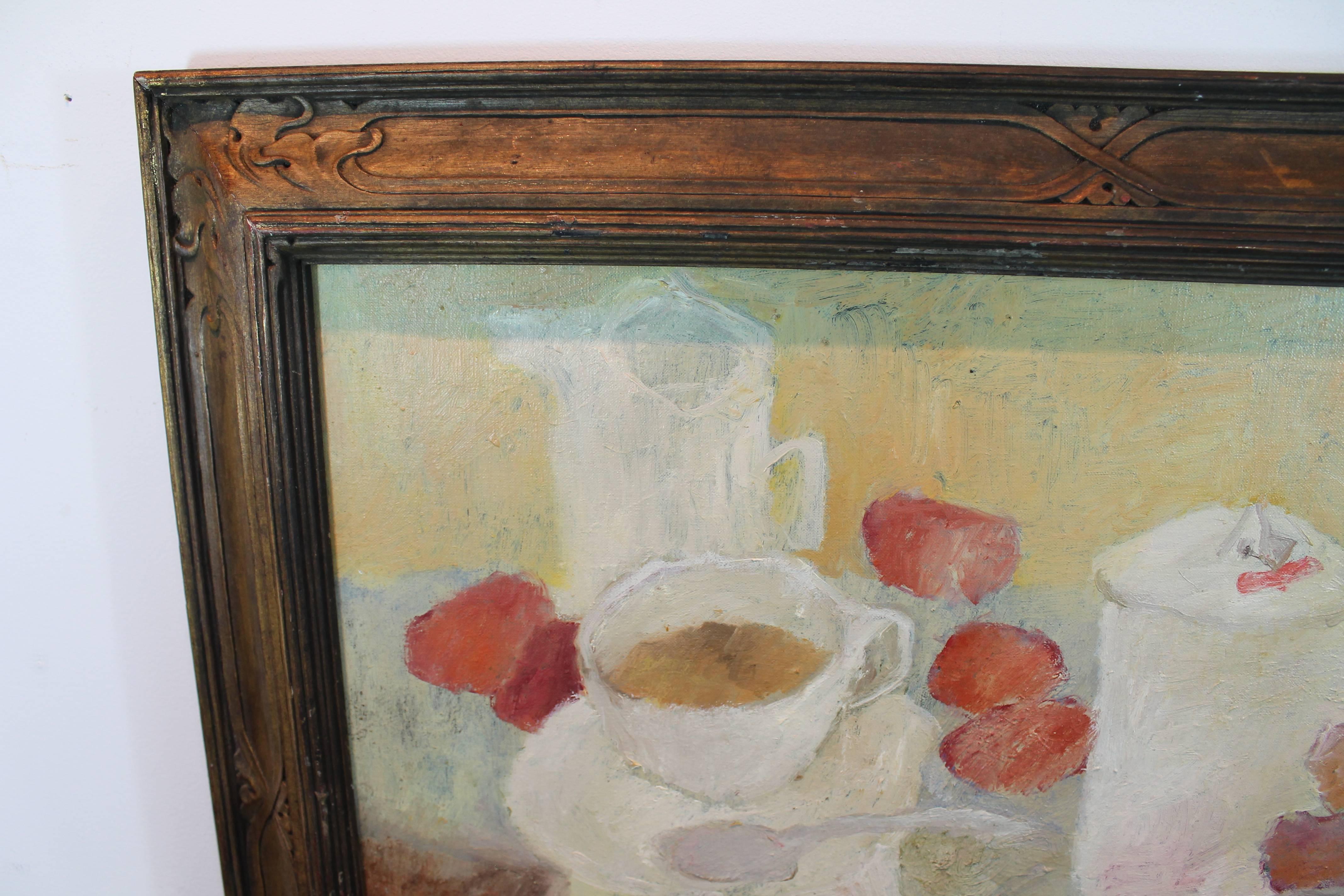 Wonderful palette on this oil on canvas of a still life.
Signed en verso Perry. This painting was acquired with several other from the same artist, some signed Frances Perry and others just Perry, with most dated from the 1960s.
Framed in an Art