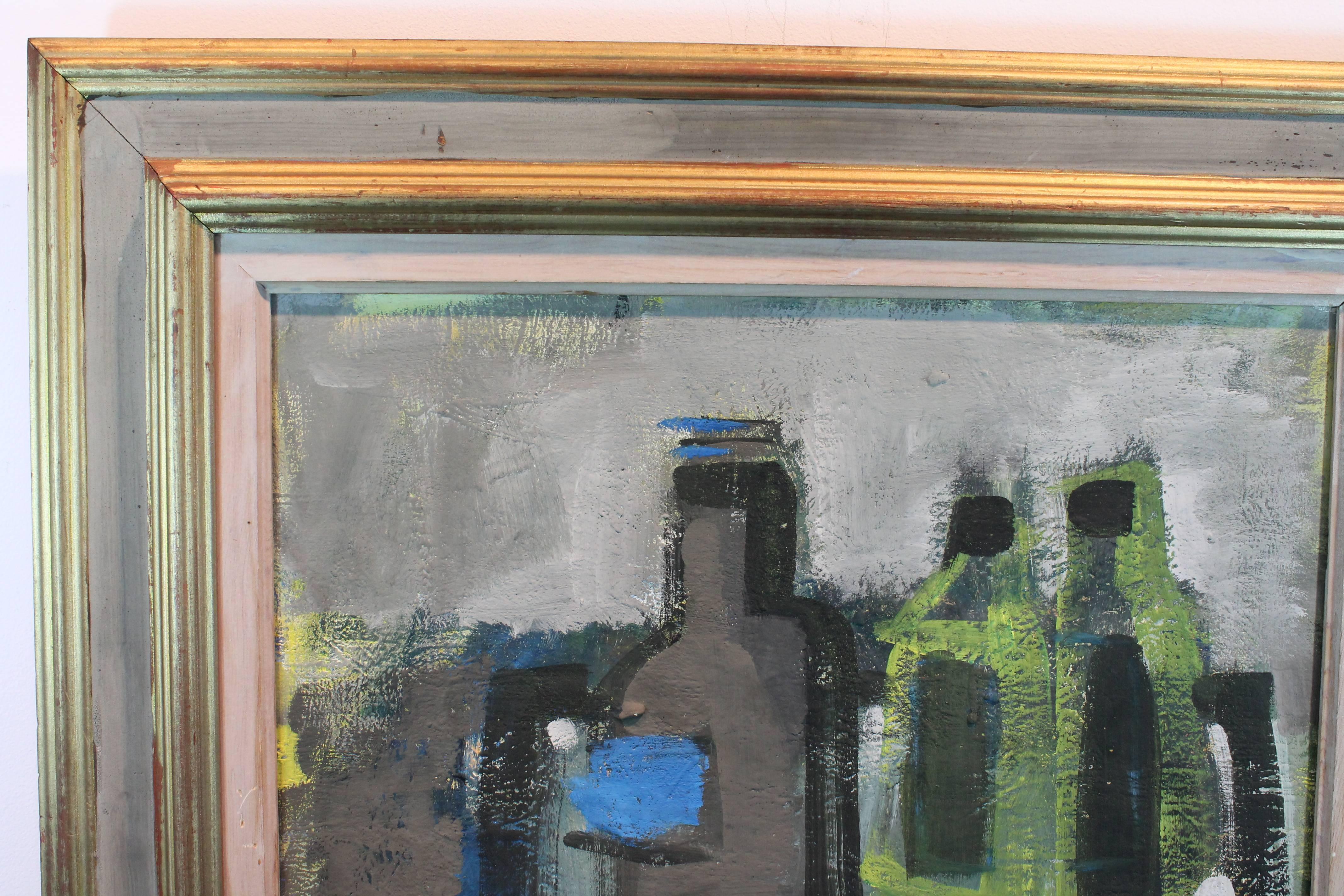 Signed H. Wickman, 1950 abstracted gestural still life painting on board in original gilt frame.
Stockholm gallery tags en verso.