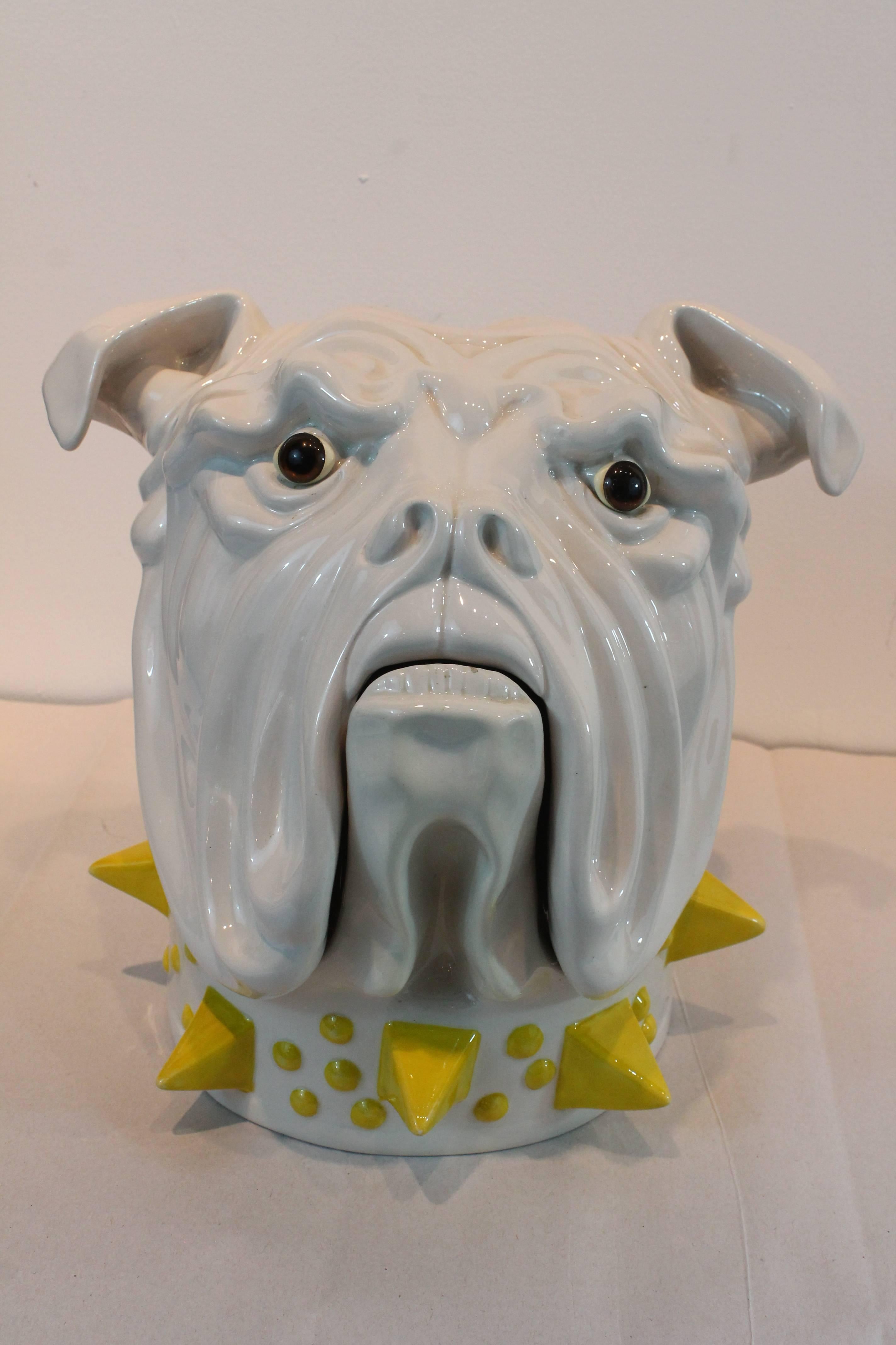 Wonderfully graphic and fun Mancioli Studio pottery two-piece bulldog with spiked collar cookie jar.
Realistic brown eyes.
Stamped on the bottom.