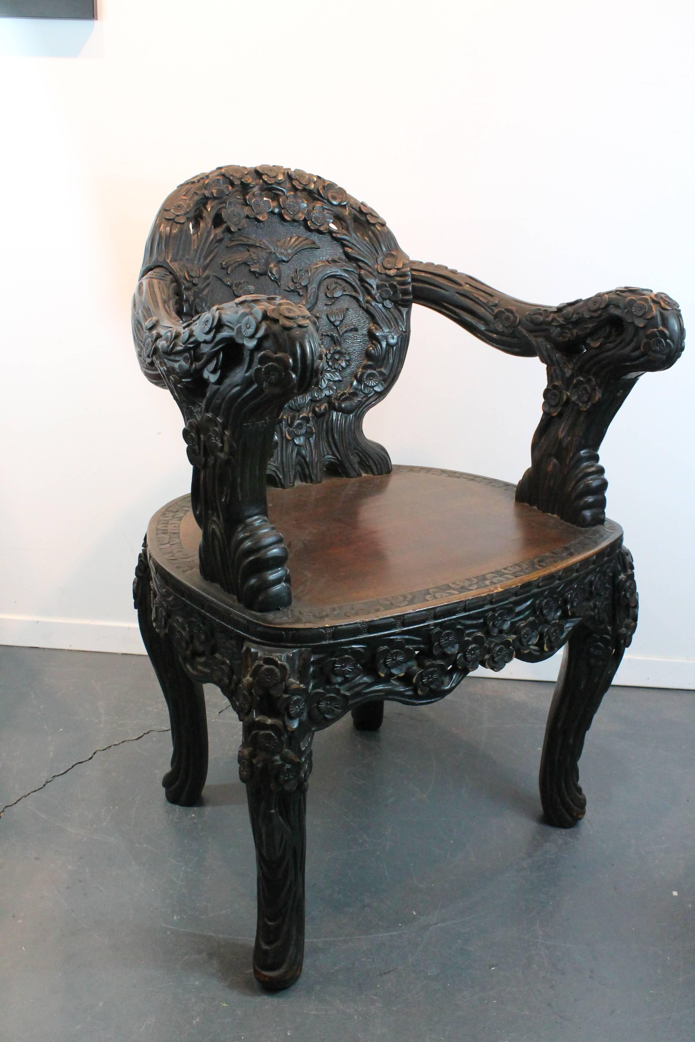 Heavily Carved Chinese Arm Chair In Good Condition In 3 Oaks, MI