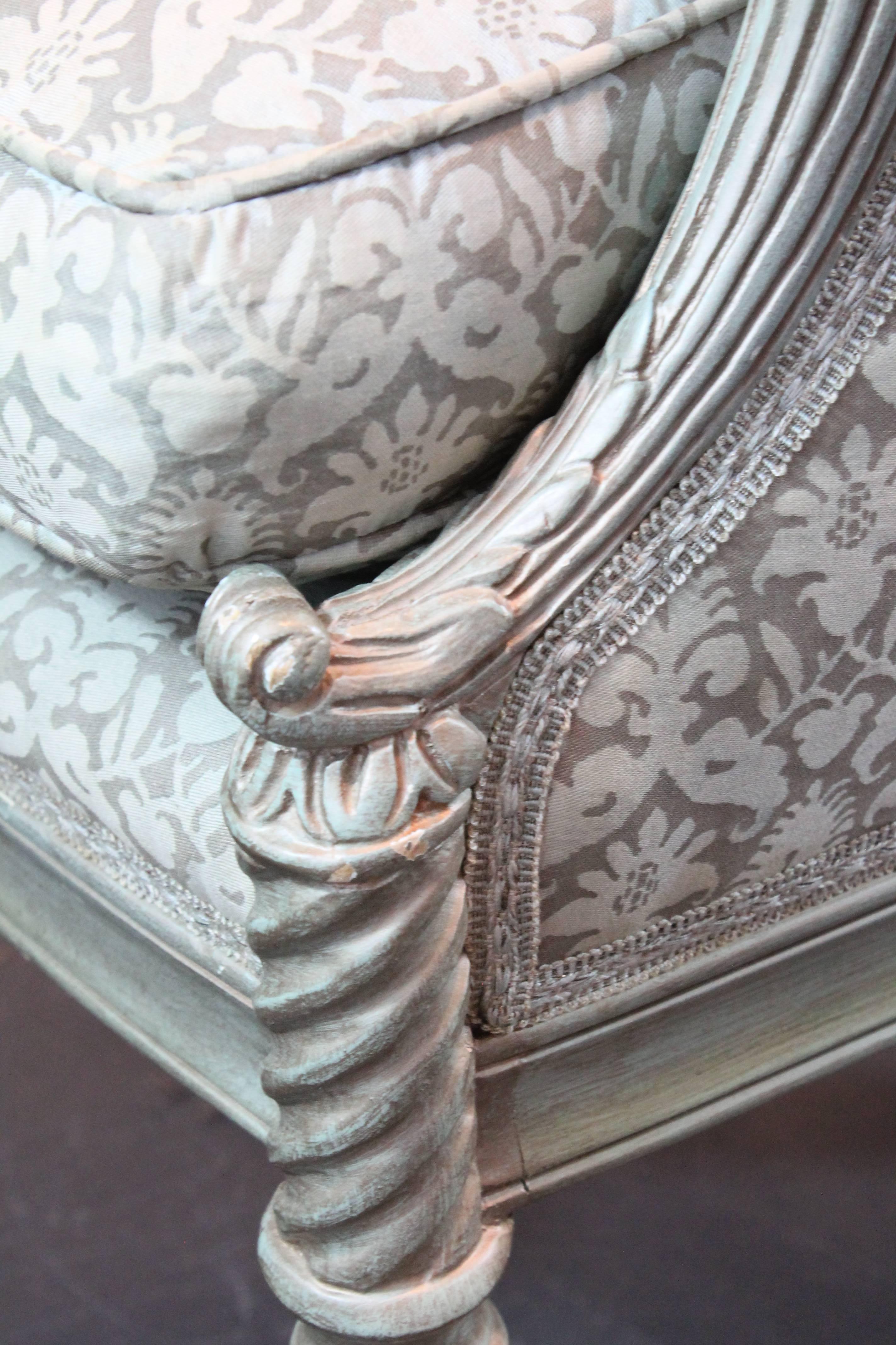 Pair of Carved and Painted Bergeres Upholstered in Fortuny Fabric 3