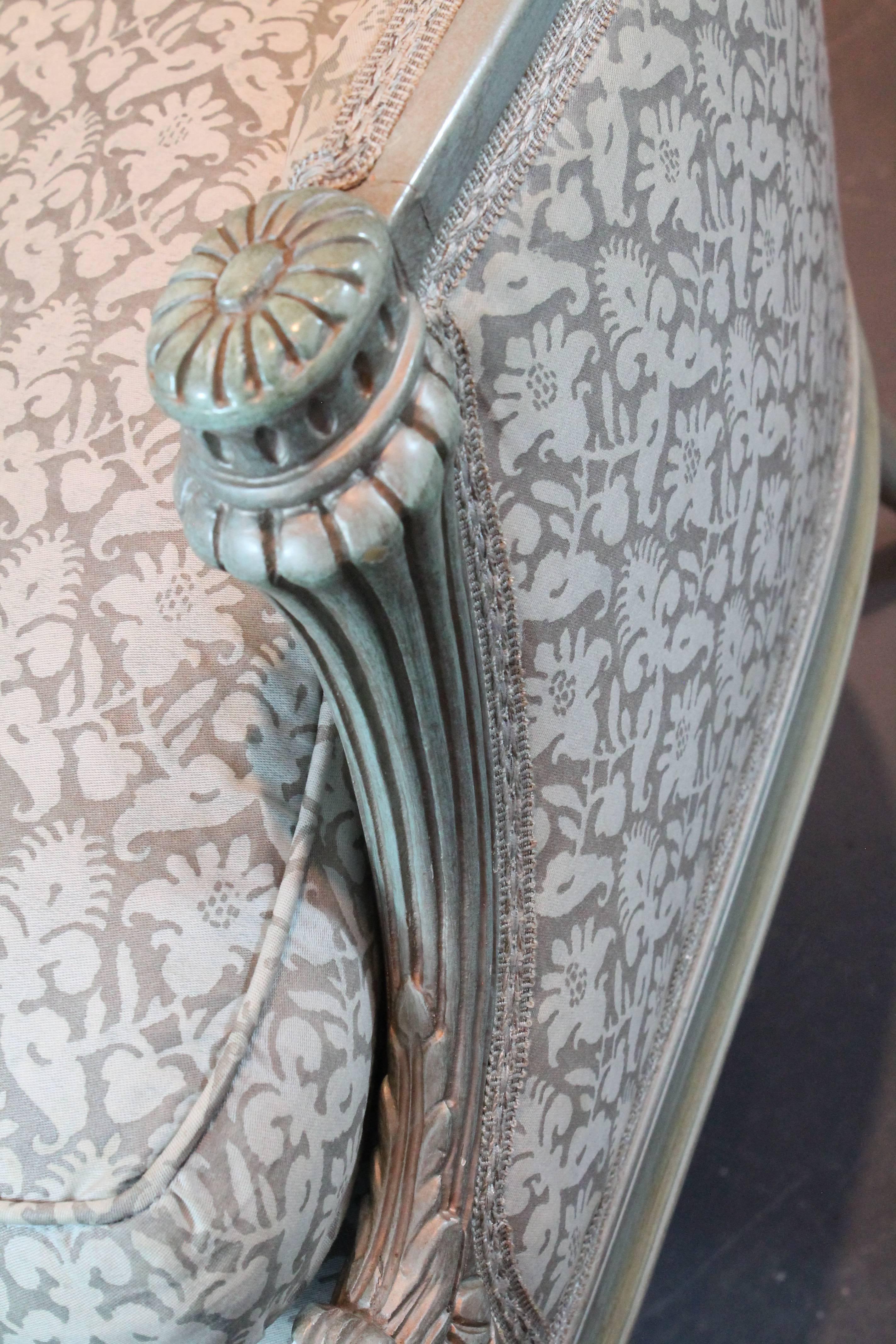 Pair of Carved and Painted Bergeres Upholstered in Fortuny Fabric 6