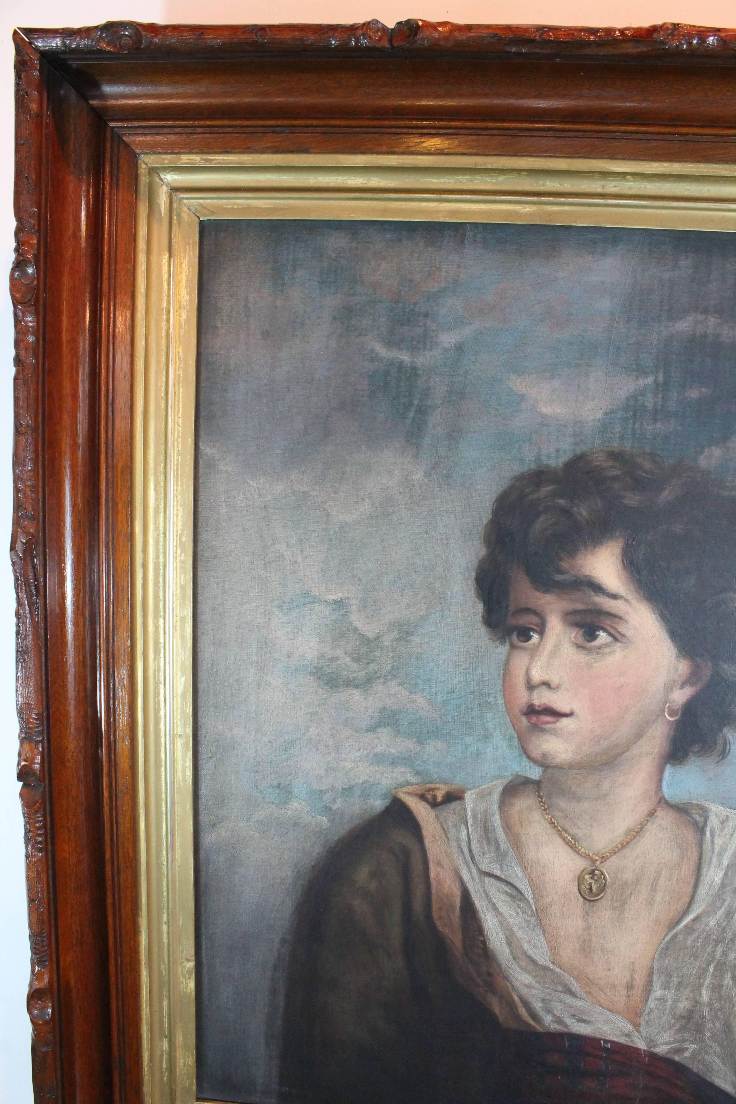 Fantastic 19th century oil on canvas portrait of a wind swept haired young man.
He heroically faces the stormy clouds behind him.
His shirt is torn and he is wearing an earring and a gold pendant upon his necklace.
Great period carved frame with