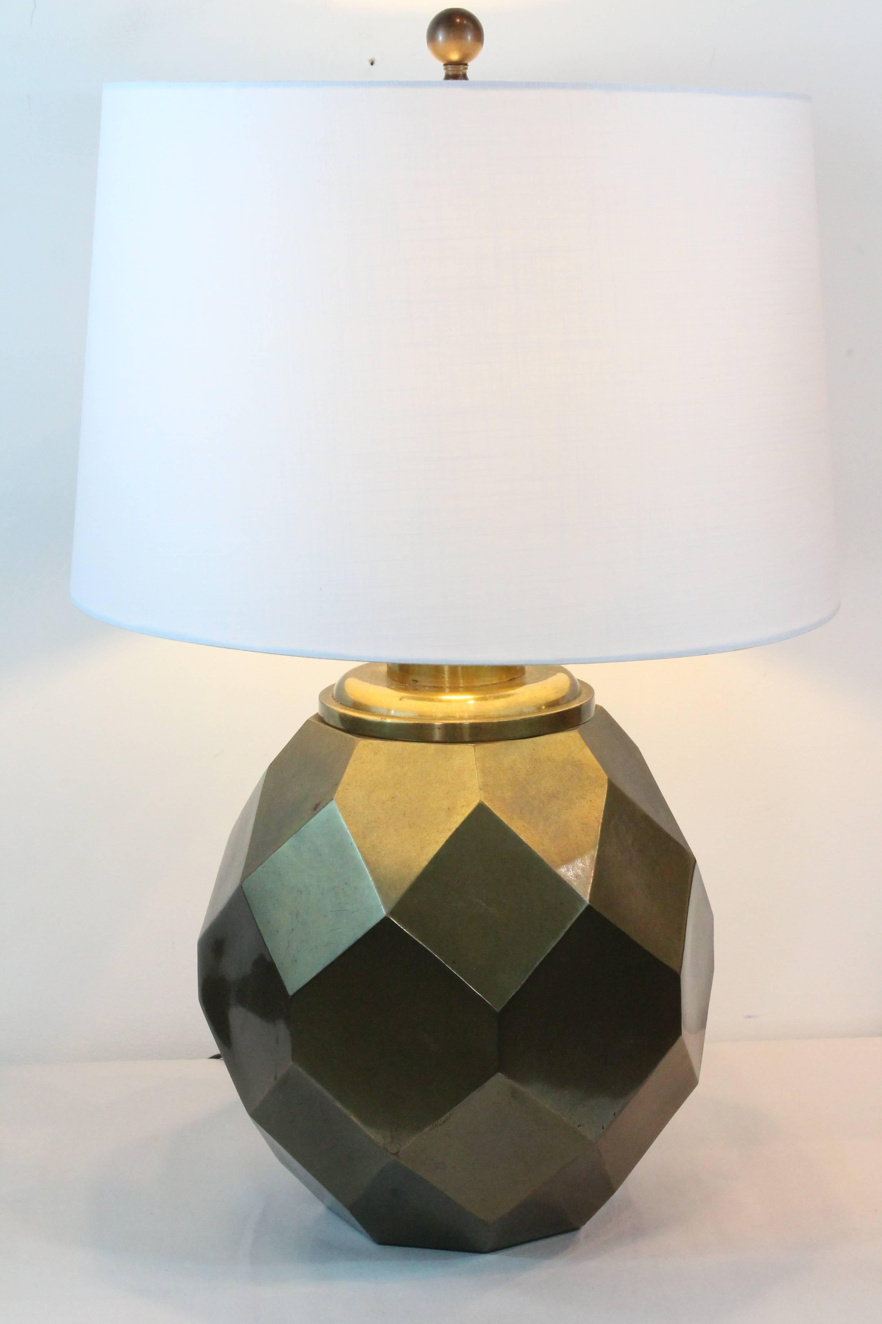 Great graphic sculptural mid-20th century brass geodesic lamp.
Shade not included.