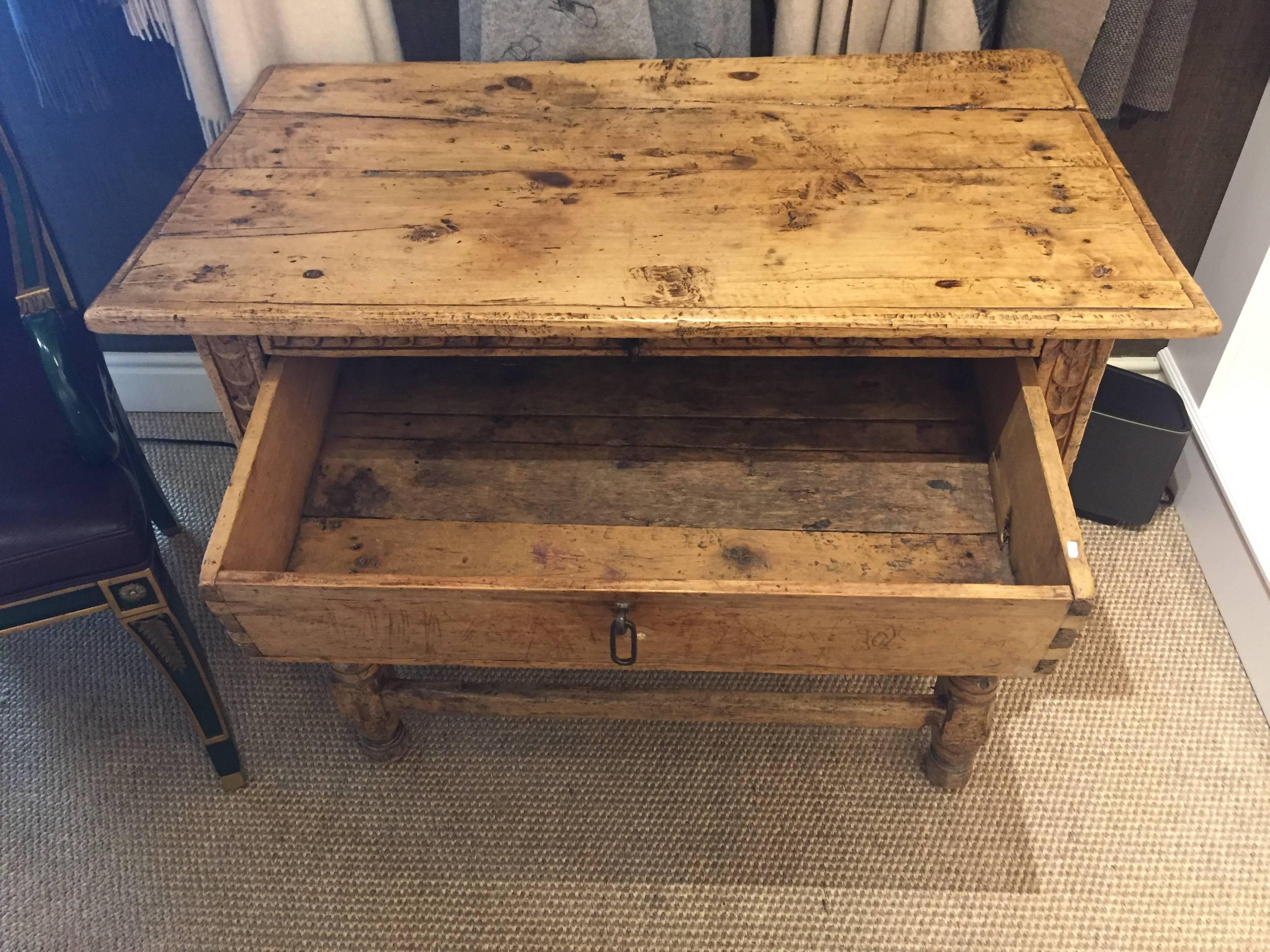 Mexican Sabino wood table with single drawer and original drawer hardware.
