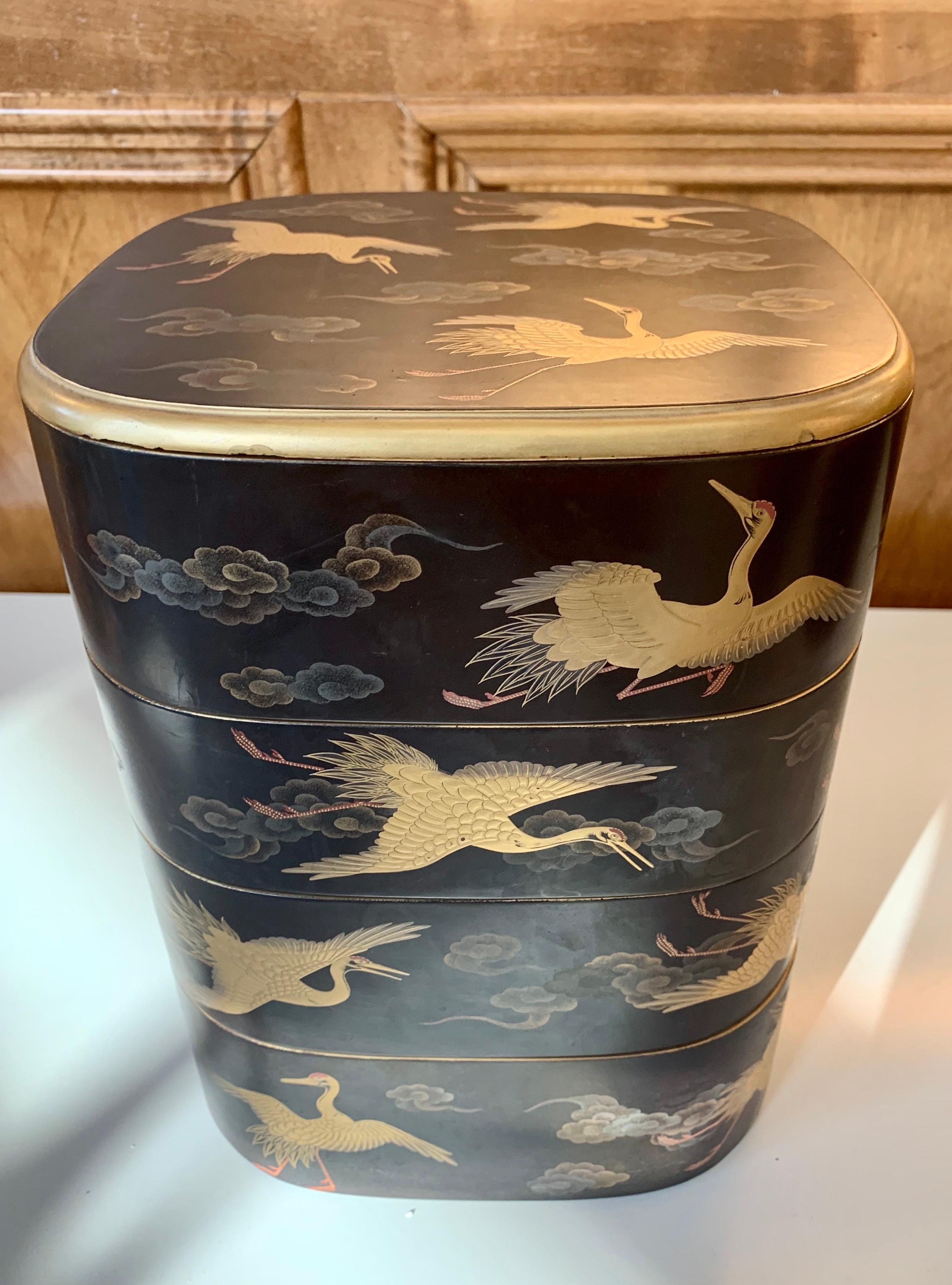 20th Century Japanese Lacquered Jubako Box with Crane Design