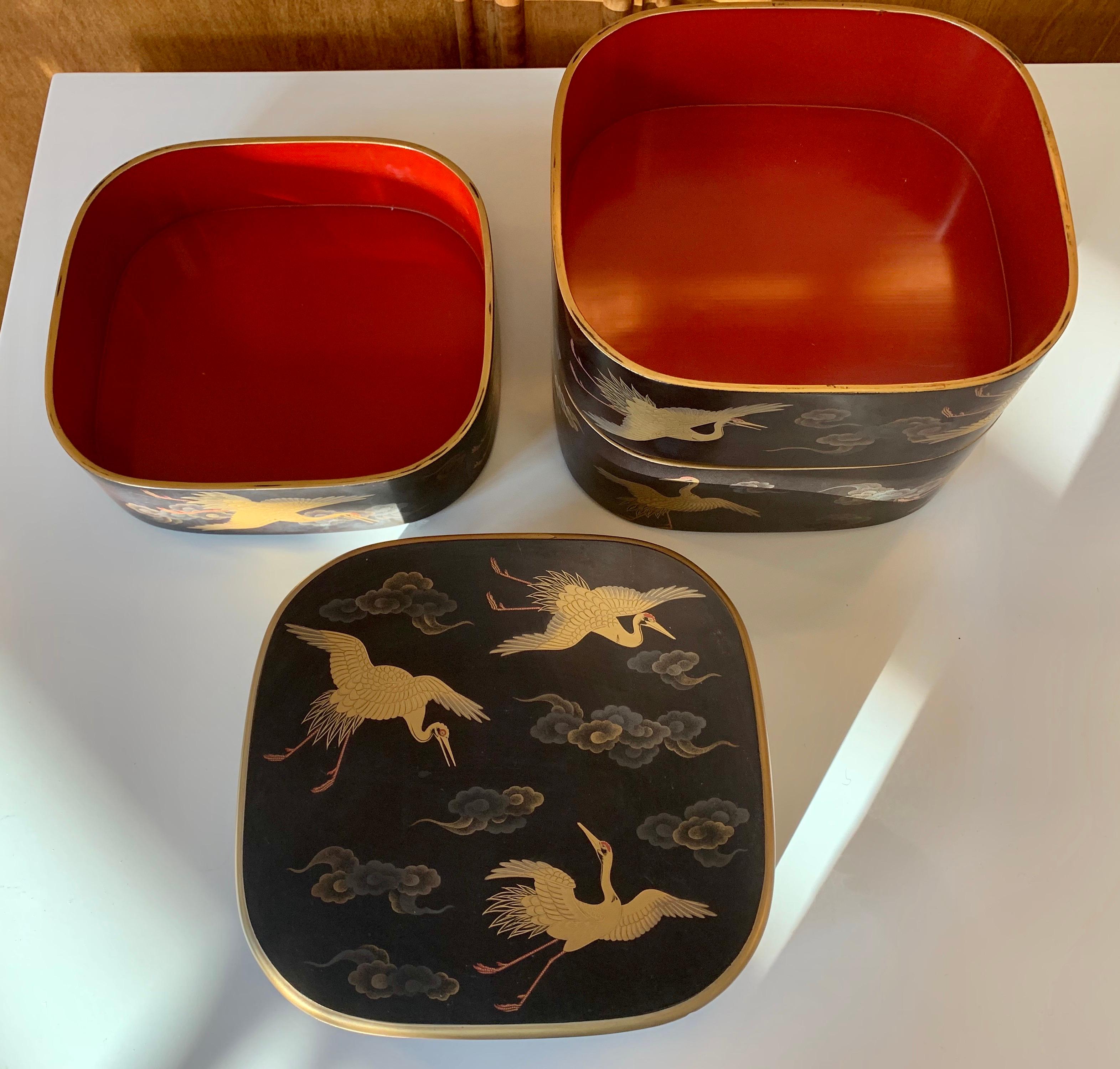 Wood Japanese Lacquered Jubako Box with Crane Design