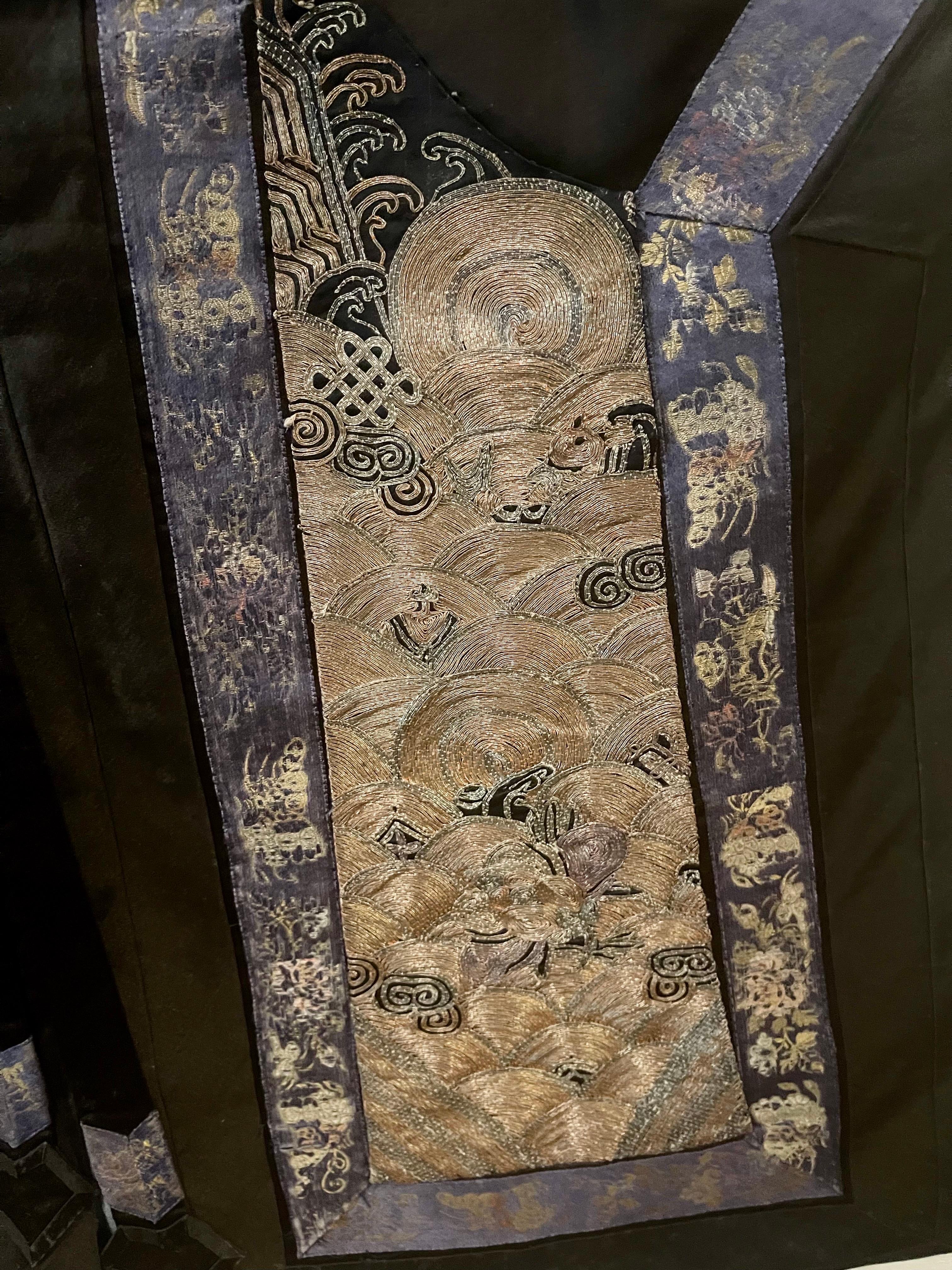Framed Antique Chinese Silk Robe with Dragon Roundel Design For Sale 3