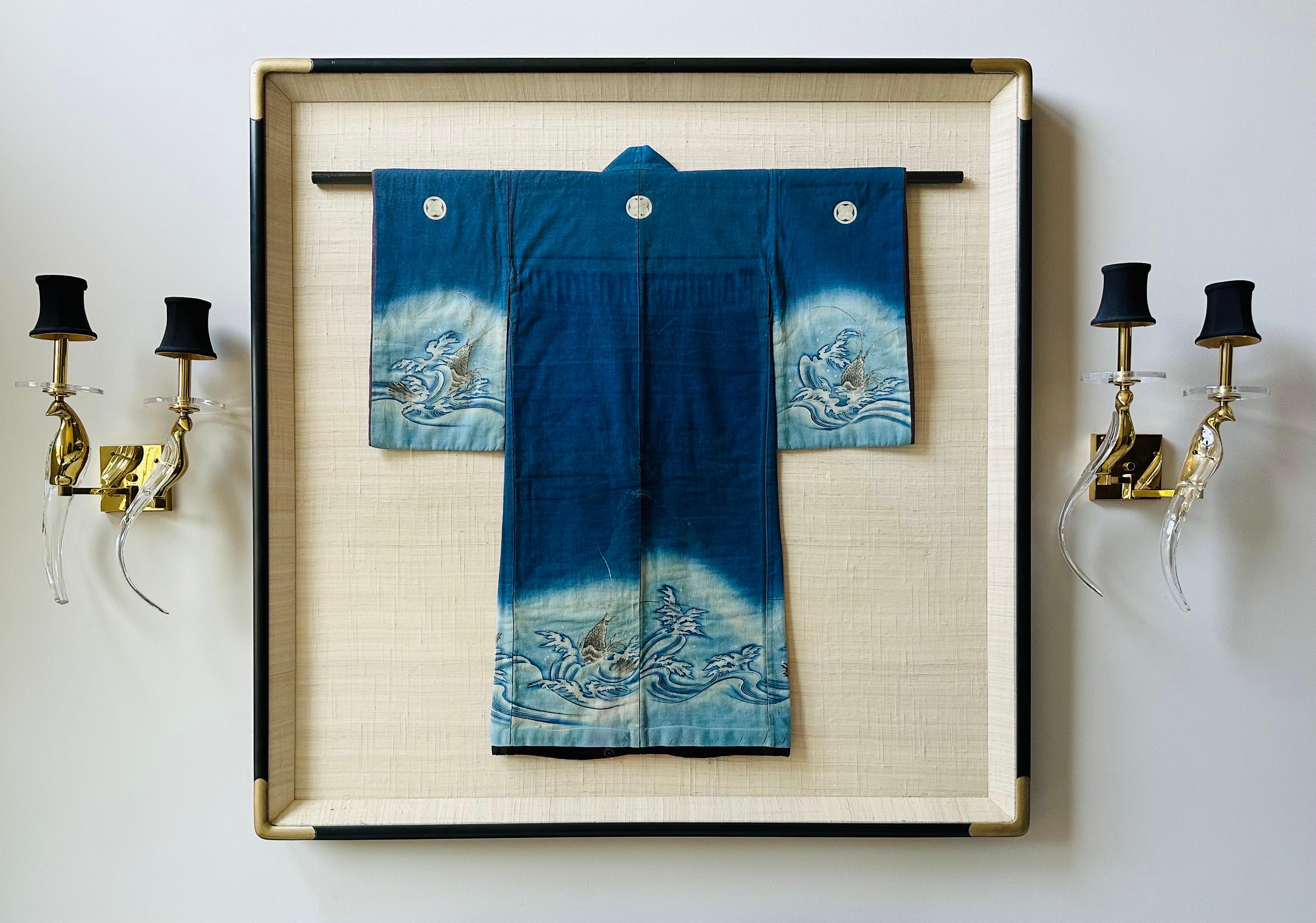Framed Japanese Fisherman Festival Kimono with Shibori and Mon Design 7