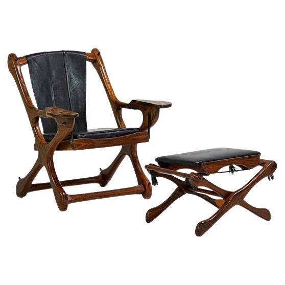 Chaise longue et repose-pieds Don Shoemaker en bois de rose et cuir