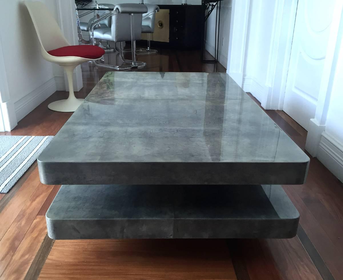 Mid-Century Modern Italian Lacquered Goat Skin Coffee Table with mirrored bar Aldo Tura