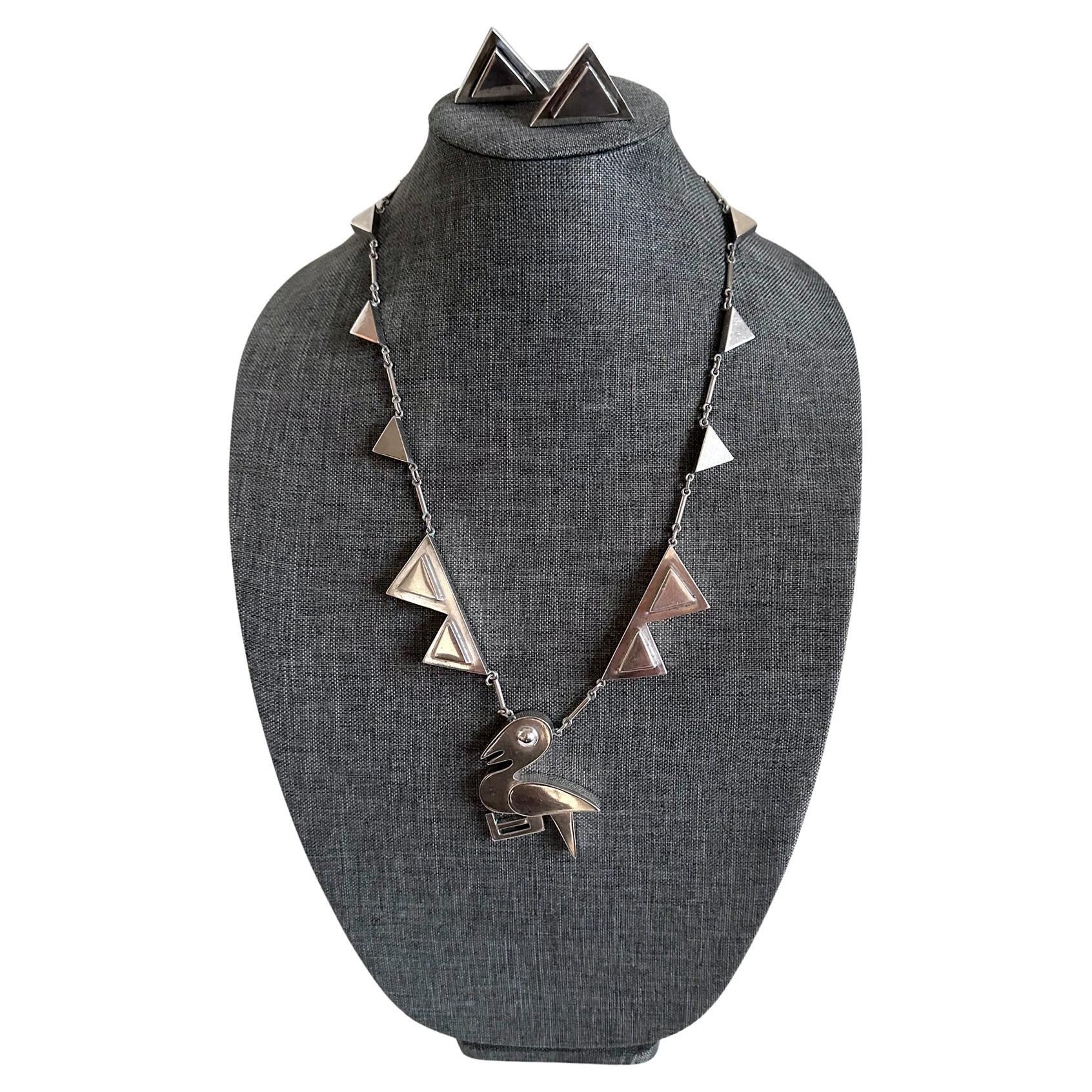 Modern Bird Motif Sterling Silver Necklace and Earrings Set Graziella Laffi