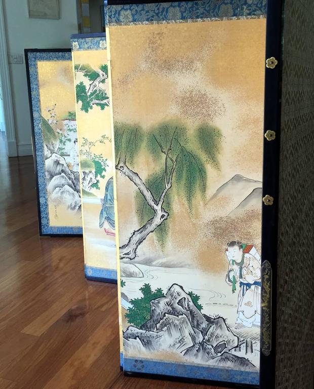 Wood Rare Antique Japanese Folding Screen by Kano Tanshin For Sale