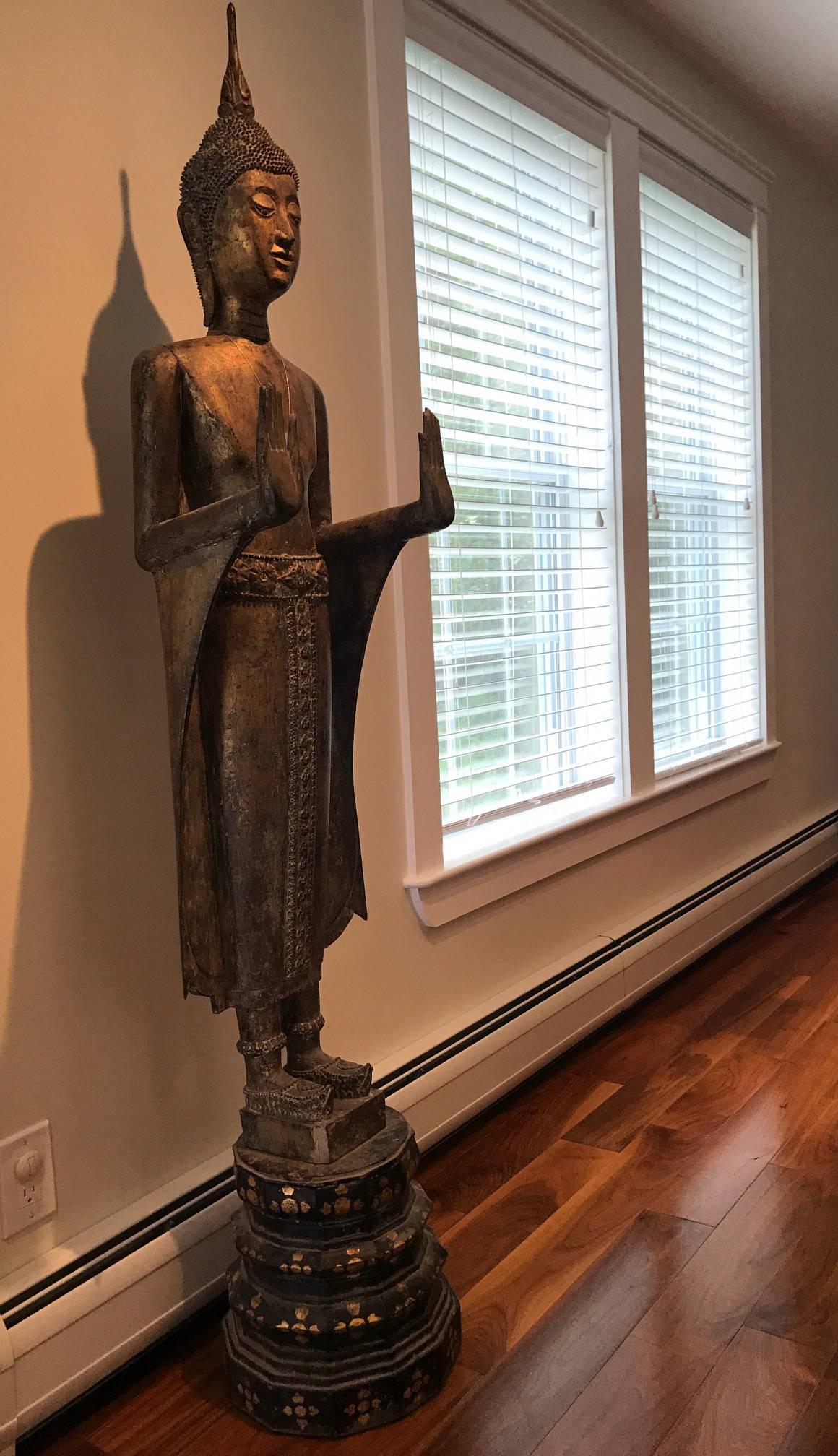 Wood Antique Gilded Standing Buddha from Laos Southeast Asia