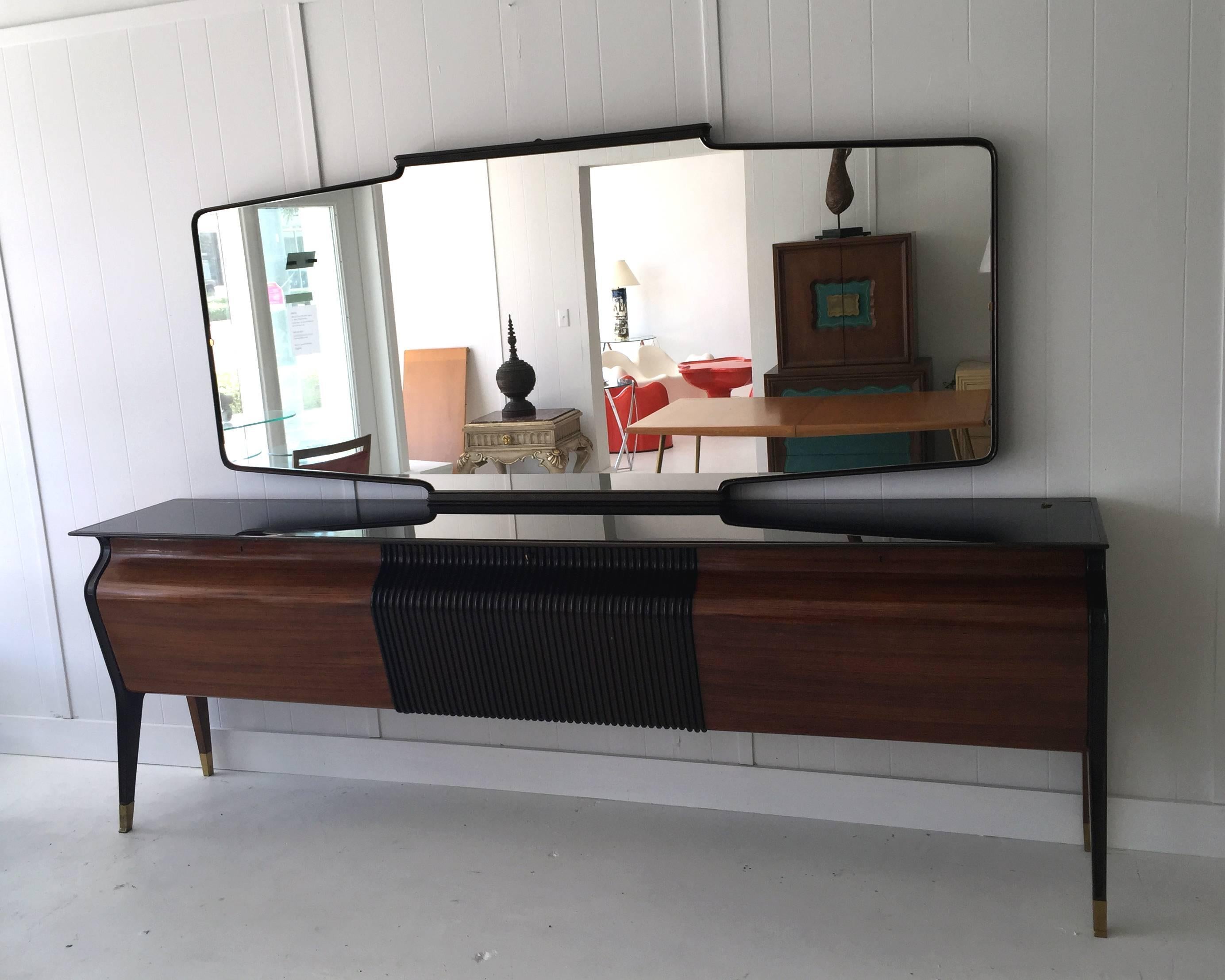 Mid-20th Century A Large Italian Sideboard Credenza with Mirror in the style of Osvaldo Borsani