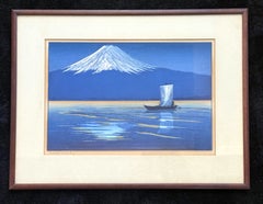 Vintage Framed Woodblock Print Moonlight on Mt. Fuji by Lillian Miller