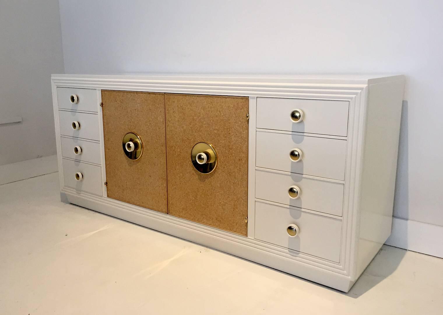 Modern Paul Frankl Sideboard with Lacquered Cork and Brass For Sale