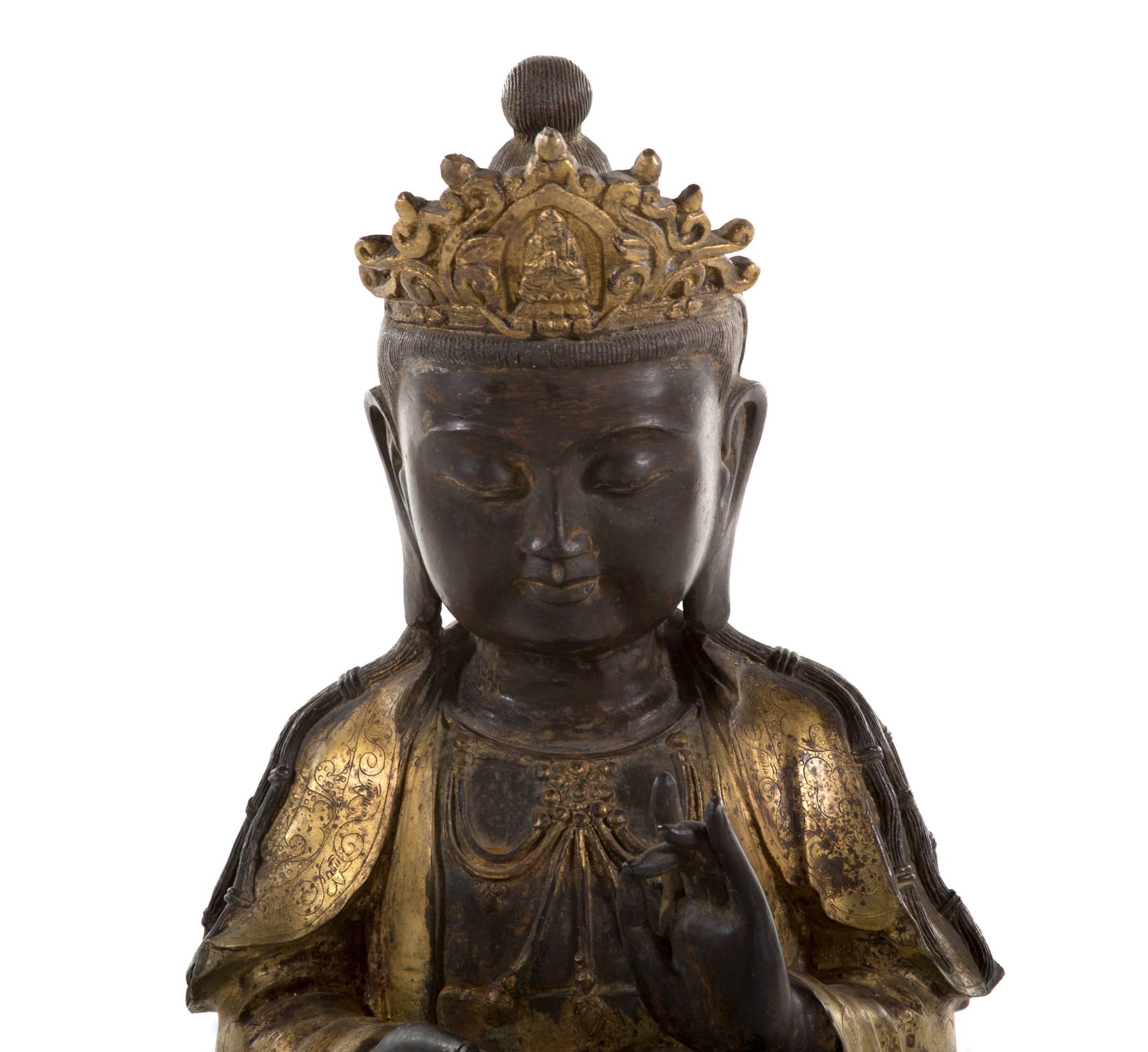Chinese Large Bronze Statue of Bodhisattva on Double Lotus Throne For Sale