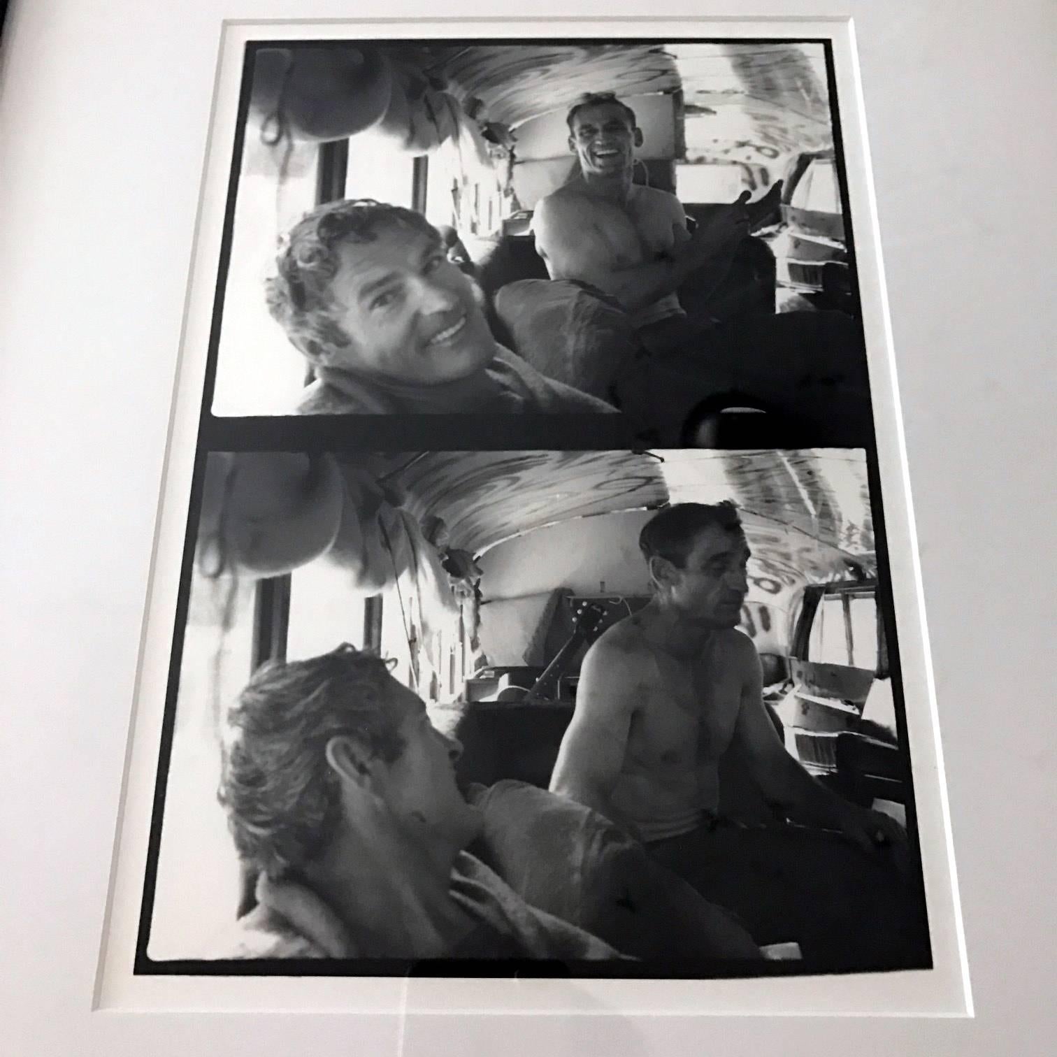 An editioned black and white photograph by Allen Ginsberg, depicting Neal Cassady and Timothy Leary in the bus 