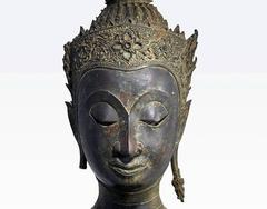 Antique Bronze Buddha Head on Stand from Thailand