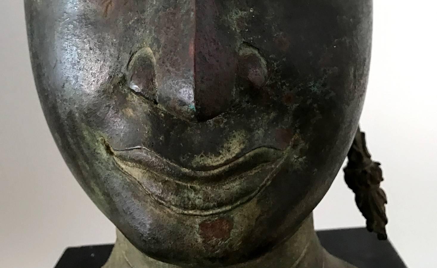 18th Century Antique Bronze Buddha Head on Stand from Thailand