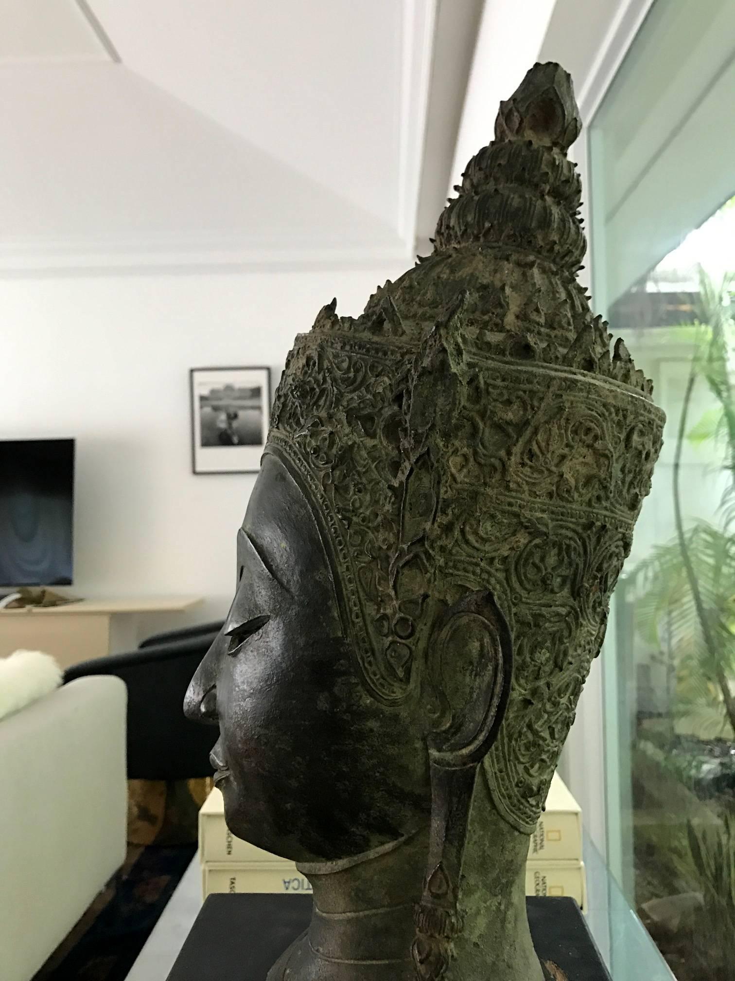 Other Antique Bronze Buddha Head on Stand from Thailand