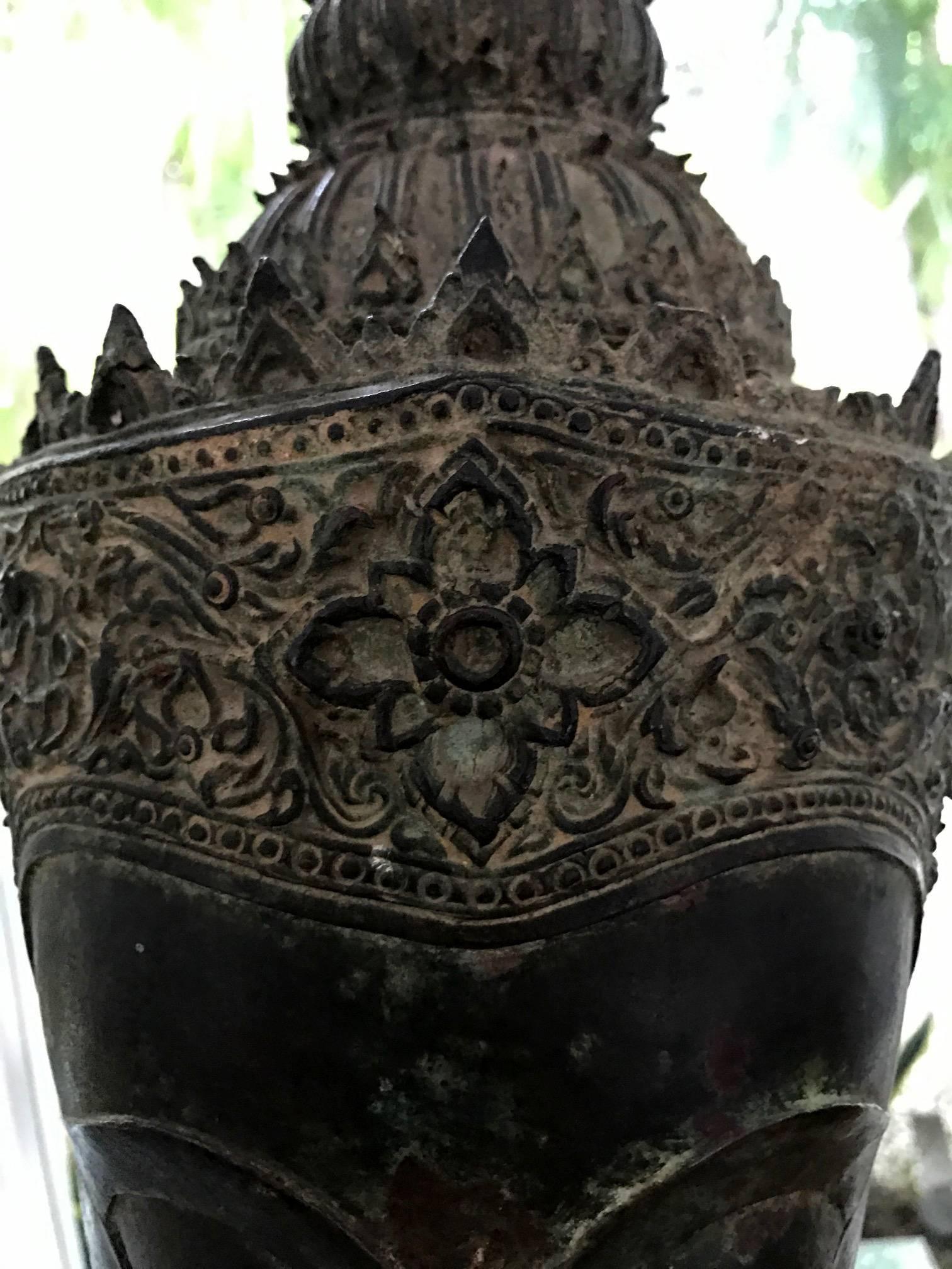 Antique Bronze Buddha Head on Stand from Thailand In Good Condition In Atlanta, GA