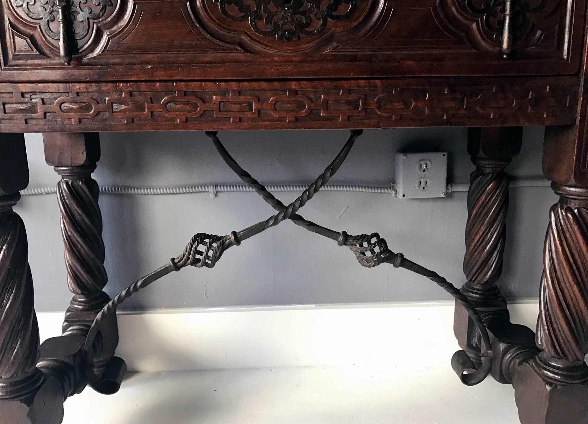 Iron Antique Spanish Colonial Console Table with Drawer