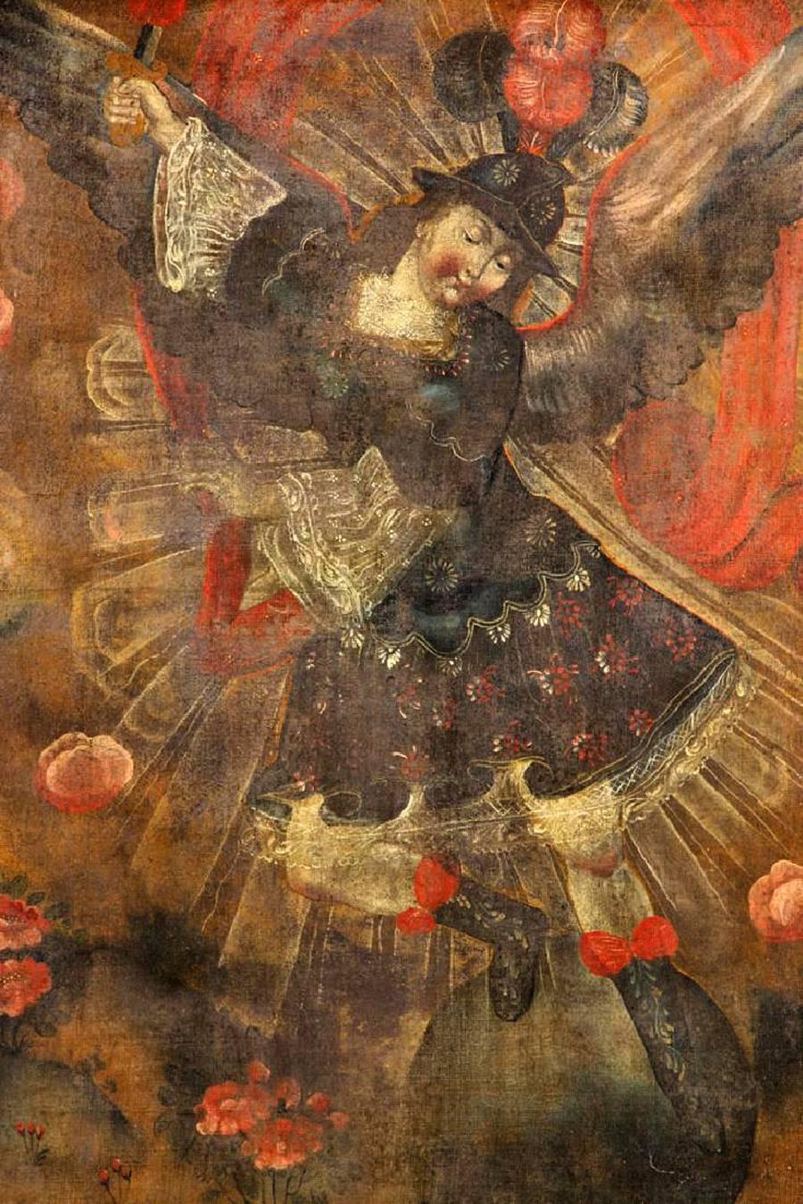 A large oil on canvas painting depicting San Miguel or St Michael the Archangel wielding his sward with his wings spread. Cuzco School, Peru, circa early to mid-18th century. In a period gilt and mirrored frame.
Measures: Painting on view is 37 H x
