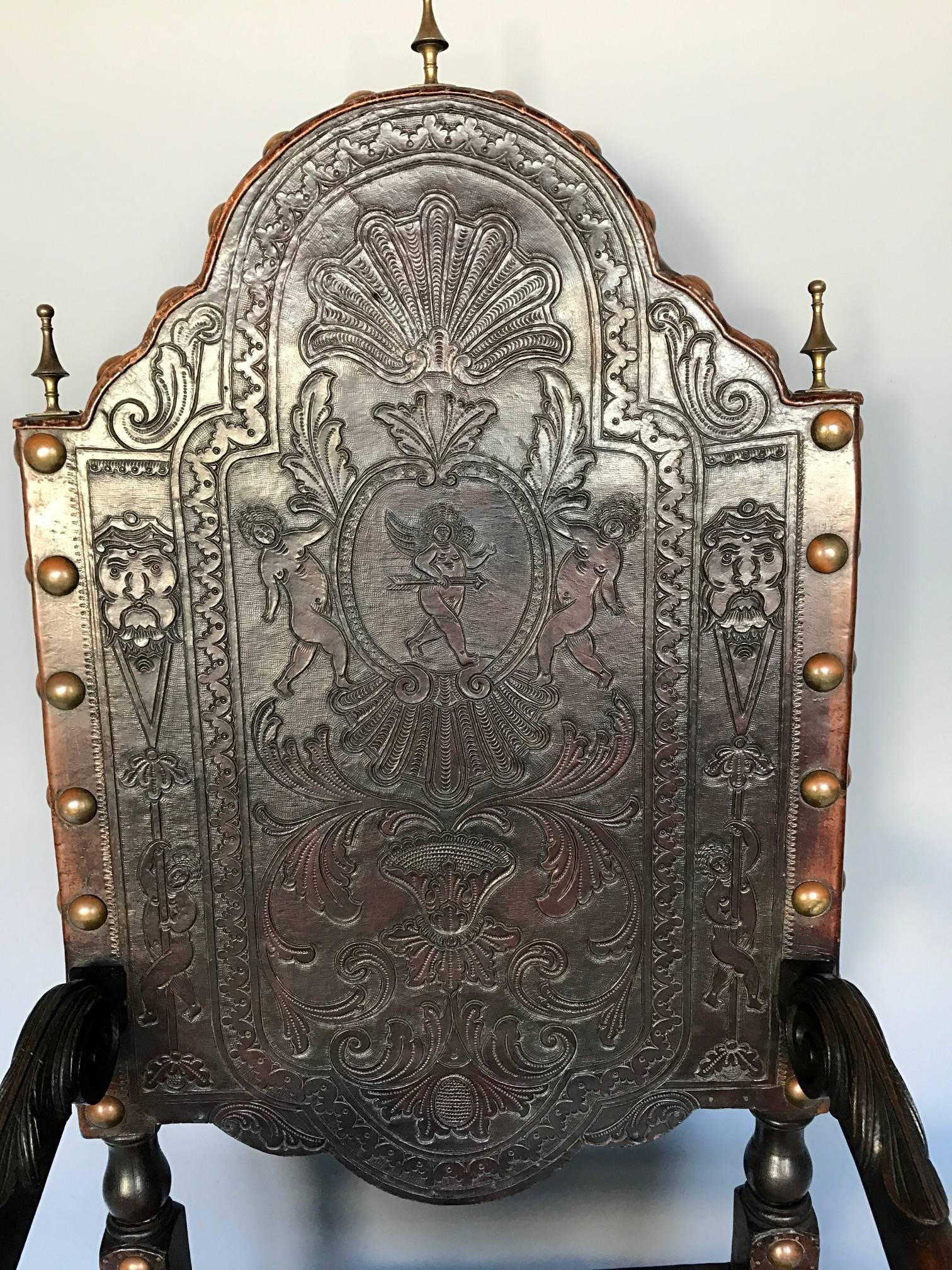 Baroque Revival Antique Portuguese Armchair with Embossed Leather