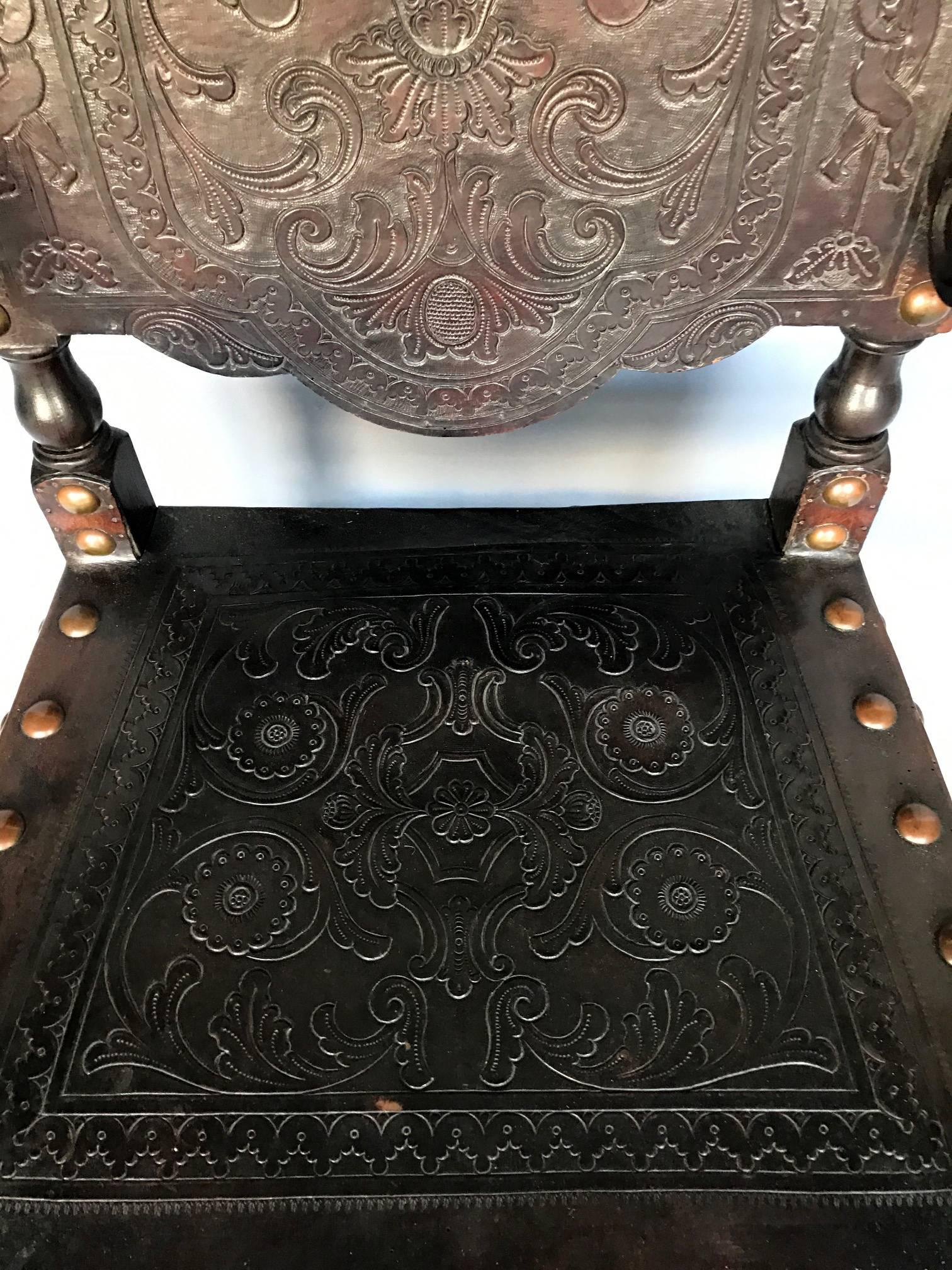 Antique Portuguese Armchair with Embossed Leather In Good Condition In Atlanta, GA