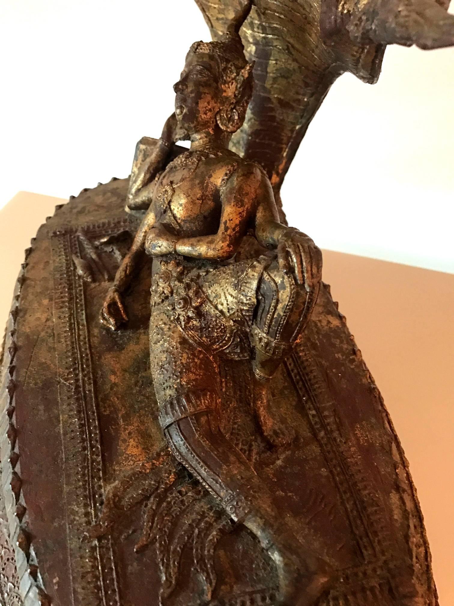 Metal Rare Antique Buddha under Naga Sculpture from Thailand For Sale