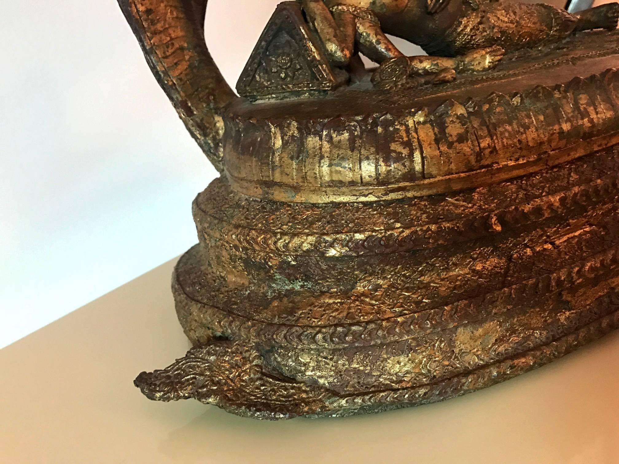 Rare Antique Buddha under Naga Sculpture from Thailand For Sale 1
