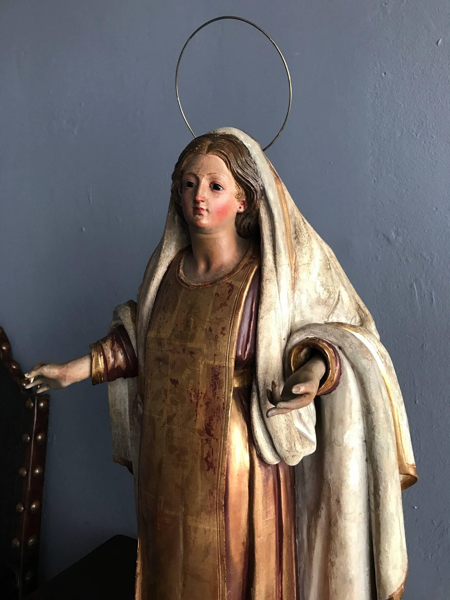 Mexican Antique Spanish Colonial Statue Santo Madonna For Sale